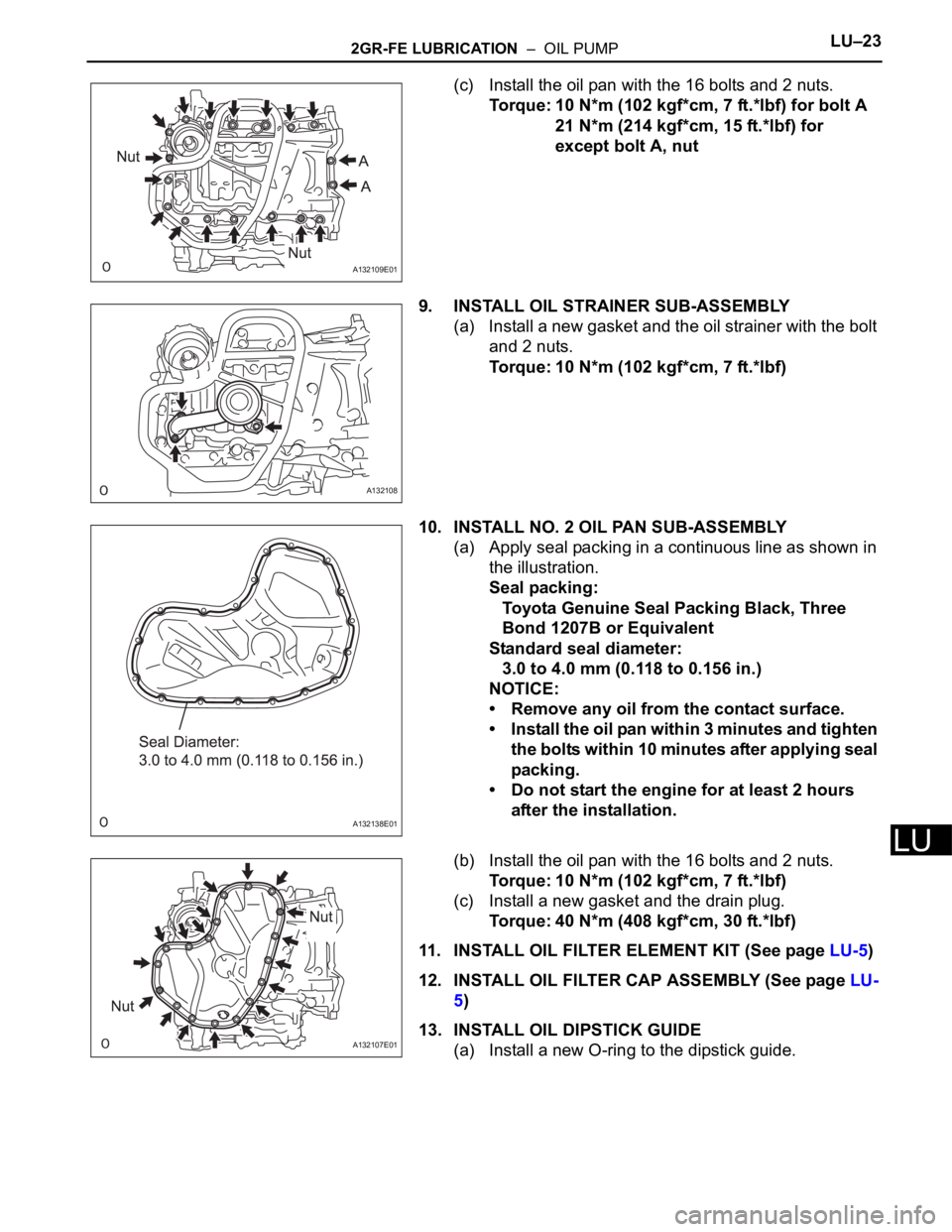 TOYOTA RAV4 2006  Service Repair Manual 2GR-FE LUBRICATION  –  OIL PUMPLU–23
LU
(c) Install the oil pan with the 16 bolts and 2 nuts.
Torque: 10 N*m (102 kgf*cm, 7 ft.*lbf) for bolt A
21 N*m (214 kgf*cm, 15 ft.*lbf) for 
except bolt A, 