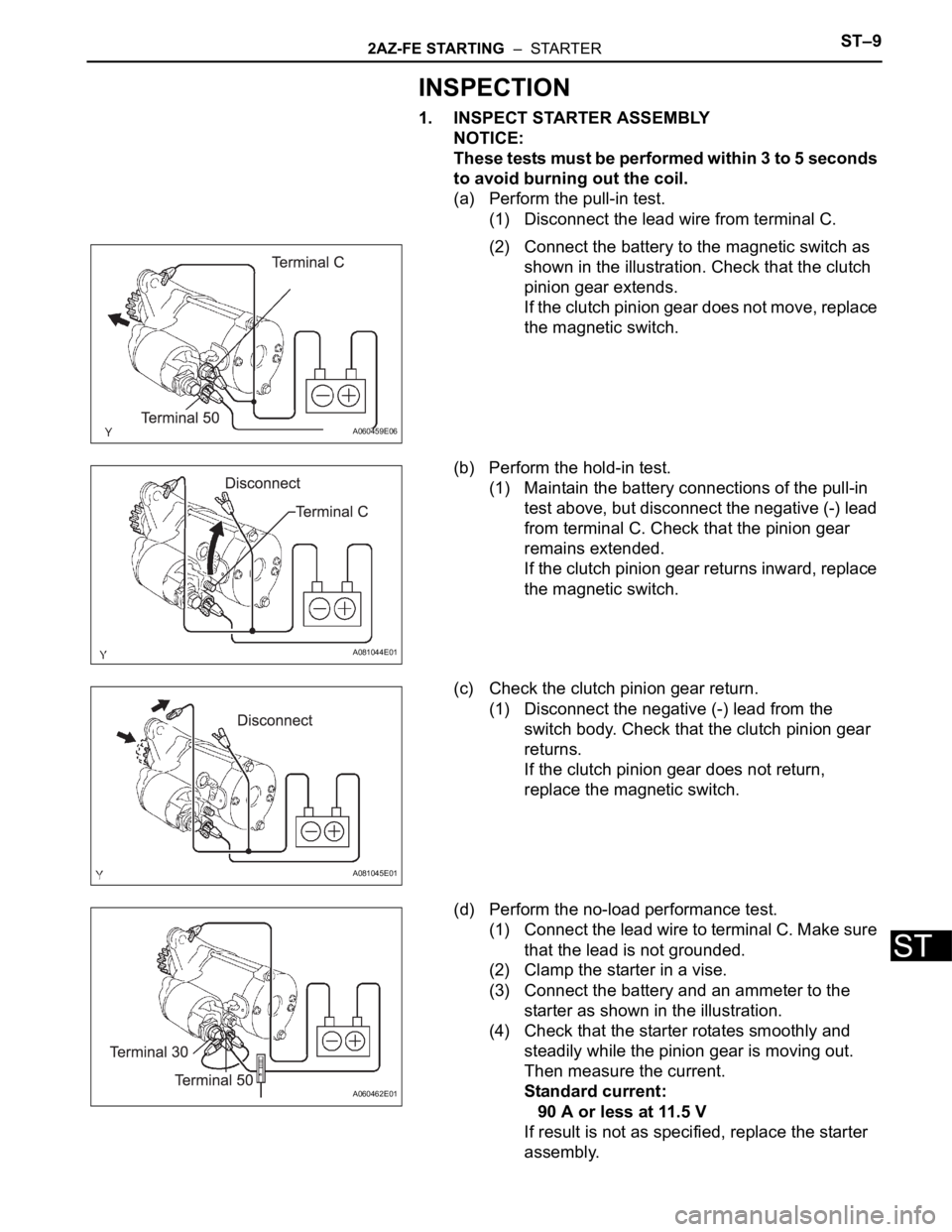 TOYOTA RAV4 2006  Service Repair Manual 2AZ-FE STARTING  –  STARTERST–9
ST
INSPECTION
1. INSPECT STARTER ASSEMBLY
NOTICE:
These tests must be performed within 3 to 5 seconds 
to avoid burning out the coil.
(a) Perform the pull-in test.
