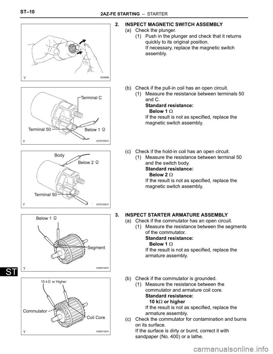 TOYOTA RAV4 2006  Service Repair Manual ST–102AZ-FE STARTING  –  STARTER
ST
2. INSPECT MAGNETIC SWITCH ASSEMBLY
(a) Check the plunger.
(1) Push in the plunger and check that it returns 
quickly to its original position.
If necessary, re