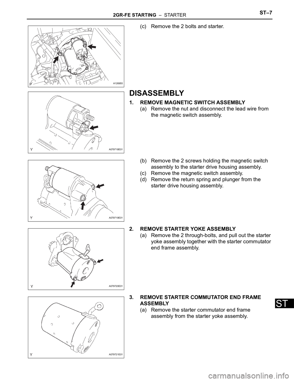 TOYOTA RAV4 2006  Service Repair Manual 2GR-FE STARTING  –  STARTERST–7
ST
(c) Remove the 2 bolts and starter.
DISASSEMBLY
1. REMOVE MAGNETIC SWITCH ASSEMBLY
(a) Remove the nut and disconnect the lead wire from 
the magnetic switch asse