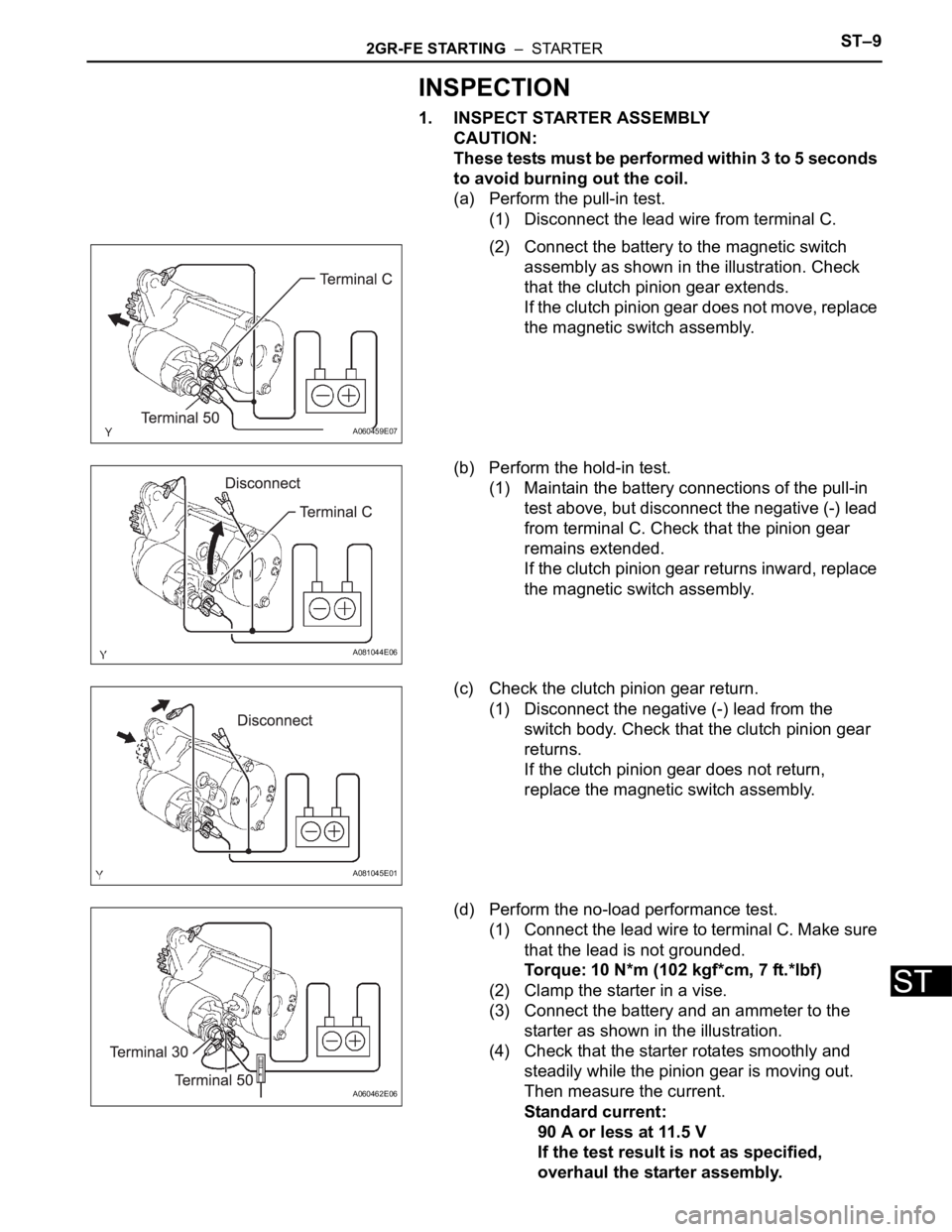 TOYOTA RAV4 2006  Service Repair Manual 2GR-FE STARTING  –  STARTERST–9
ST
INSPECTION
1. INSPECT STARTER ASSEMBLY
CAUTION:
These tests must be performed within 3 to 5 seconds 
to avoid burning out the coil.
(a) Perform the pull-in test.