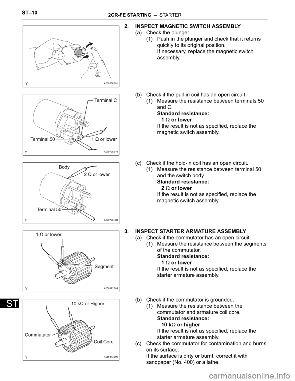 TOYOTA RAV4 2006  Service Repair Manual ST–102GR-FE STARTING  –  STARTER
ST
2. INSPECT MAGNETIC SWITCH ASSEMBLY
(a) Check the plunger.
(1) Push in the plunger and check that it returns 
quickly to its original position.
If necessary, re