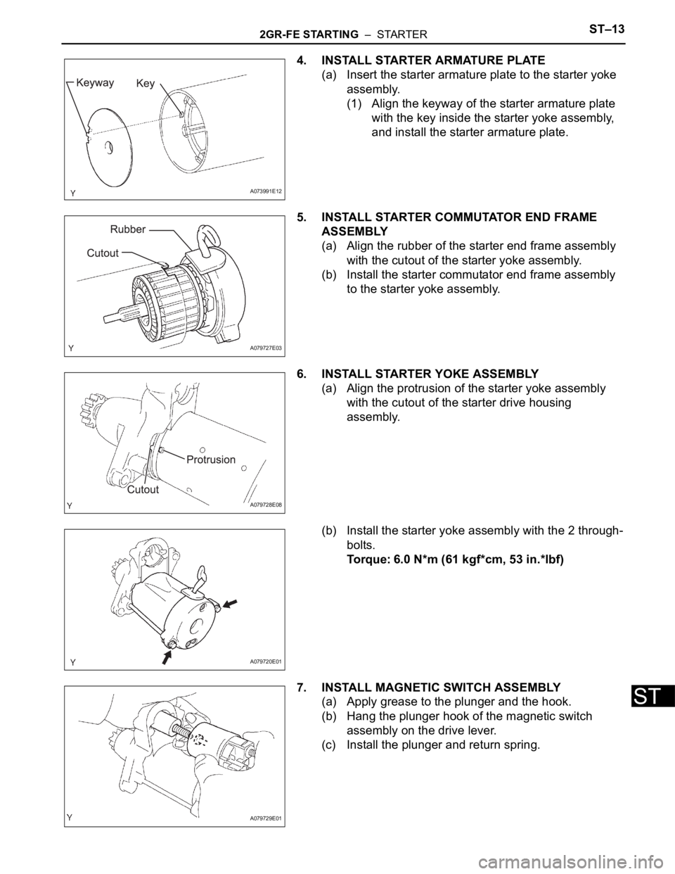 TOYOTA RAV4 2006  Service Repair Manual 2GR-FE STARTING  –  STARTERST–13
ST
4. INSTALL STARTER ARMATURE PLATE
(a) Insert the starter armature plate to the starter yoke 
assembly.
(1) Align the keyway of the starter armature plate 
with 