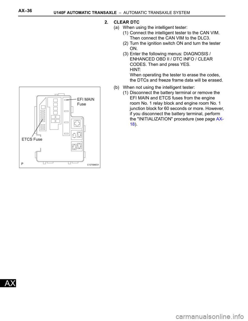 TOYOTA RAV4 2006 Service Repair Manual AX–36U140F AUTOMATIC TRANSAXLE – AUTOMATIC TRANSAXLE SYSTEM
AX
2. CLEAR DTC
(a) When using the intelligent tester:
(1) Connect the intelligent tester to the CAN VIM.
Then connect the CAN VIM to TOYOTA RAV4 2006 Service Repair Manual AX–36U140F AUTOMATIC TRANSAXLE – AUTOMATIC TRANSAXLE SYSTEM
AX
2. CLEAR DTC
(a) When using the intelligent tester:
(1) Connect the intelligent tester to the CAN VIM.
Then connect the CAN VIM to