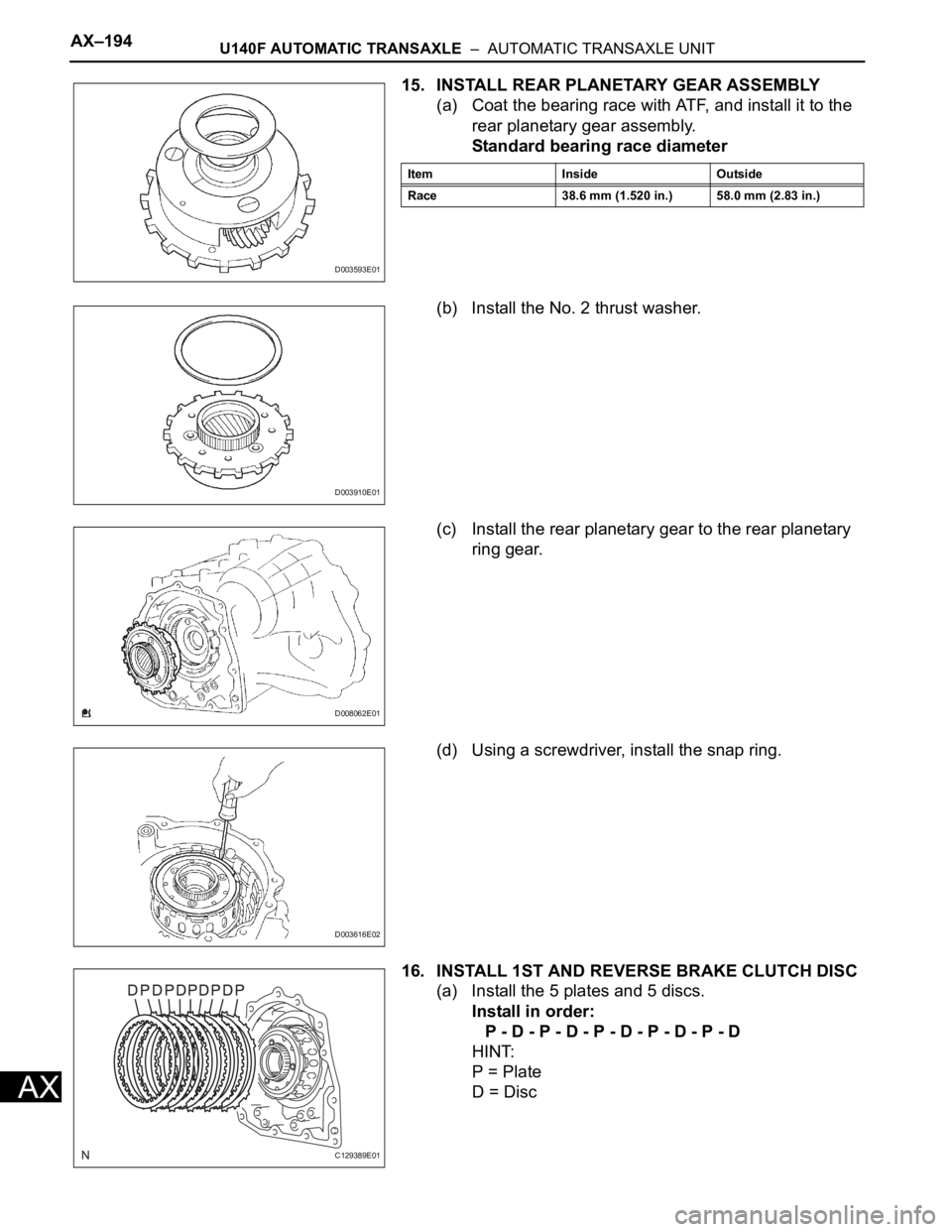 TOYOTA RAV4 2006 Service Repair Manual AX–194U140F AUTOMATIC TRANSAXLE – AUTOMATIC TRANSAXLE UNIT
AX
15. INSTALL REAR PLANETARY GEAR ASSEMBLY
(a) Coat the bearing race with ATF, and install it to the
rear planetary gear assembly.
St TOYOTA RAV4 2006 Service Repair Manual AX–194U140F AUTOMATIC TRANSAXLE – AUTOMATIC TRANSAXLE UNIT
AX
15. INSTALL REAR PLANETARY GEAR ASSEMBLY
(a) Coat the bearing race with ATF, and install it to the
rear planetary gear assembly.
St