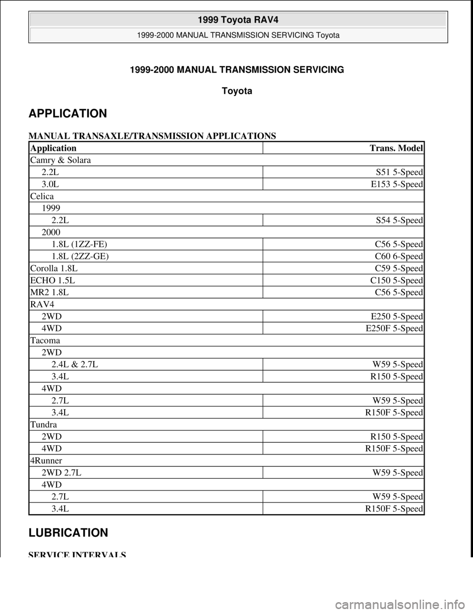 TOYOTA RAV4 1996 Service Repair Manual 1999-2000 MANUAL TRANSMISSION SERVICING
Toyota
APPLICATION
MANUAL TRANSAXLE/TRANSMISSION APPLICATIONS
LUBRICATION
SERVICE INTERVALS
ApplicationTrans. Model
Camry & Solara
2.2LS51 5-Speed
3.0LE15 TOYOTA RAV4 1996 Service Repair Manual 1999-2000 MANUAL TRANSMISSION SERVICING
Toyota
APPLICATION
MANUAL TRANSAXLE/TRANSMISSION APPLICATIONS
LUBRICATION
SERVICE INTERVALS
ApplicationTrans. Model
Camry & Solara
2.2LS51 5-Speed
3.0LE15