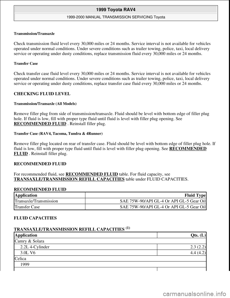 TOYOTA RAV4 1996 Service Repair Manual Transmission/Transaxle
Check transmission fluid level every 30,000 miles or 24 months. Service interval is not available for vehicles
operated under normal conditions. Under severe conditions such a TOYOTA RAV4 1996 Service Repair Manual Transmission/Transaxle
Check transmission fluid level every 30,000 miles or 24 months. Service interval is not available for vehicles
operated under normal conditions. Under severe conditions such a