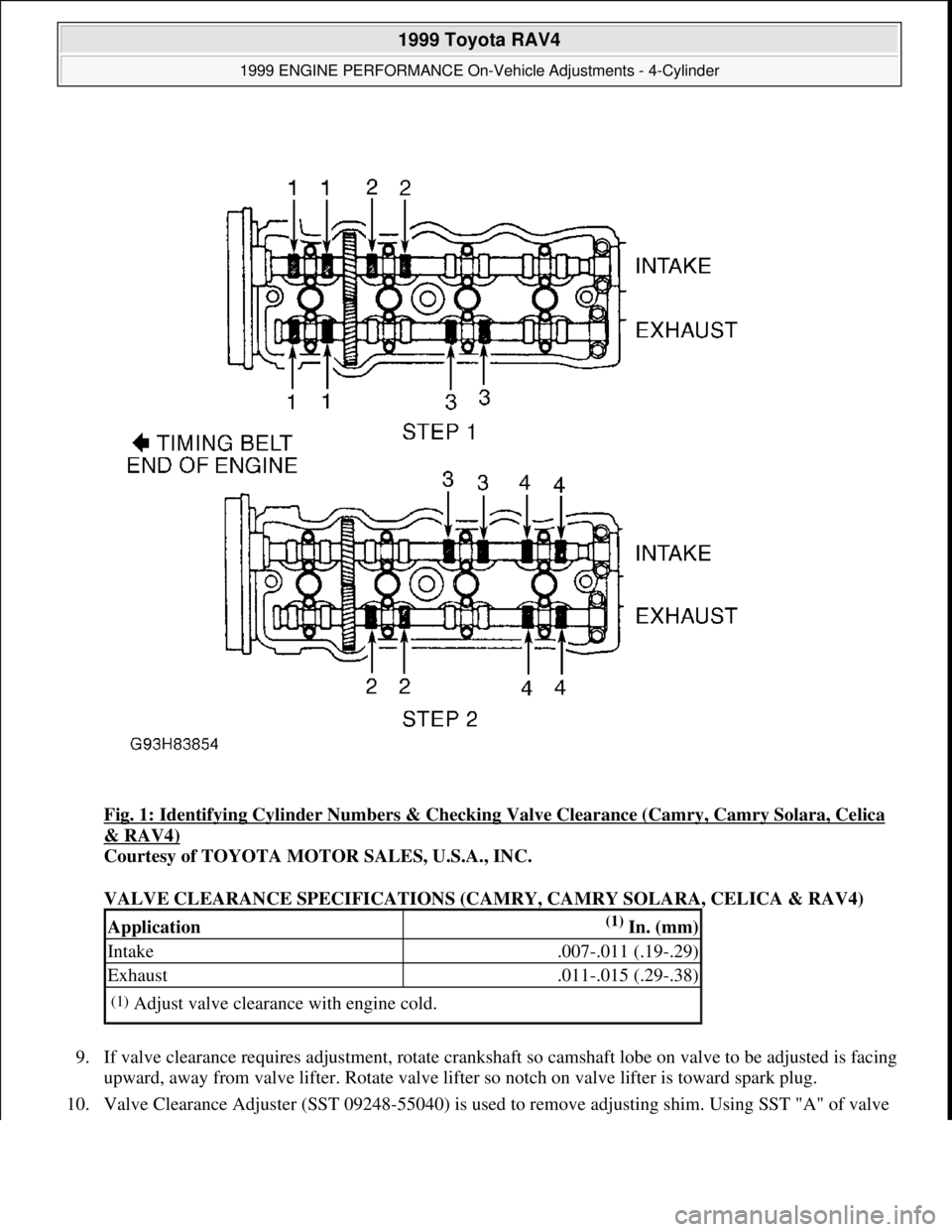 TOYOTA RAV4 1996 Service Repair Manual Fig. 1: Identifying Cylinder Numbers & Checking Valve Clearance (Camry, Camry Solara, Celica
& RAV4)
Courtesy of TOYOTA MOTOR SALES, U.S.A., INC.
VALVE CLEARANCE SPECIFICATIONS (CAMRY, CAMRY SOLARA TOYOTA RAV4 1996 Service Repair Manual Fig. 1: Identifying Cylinder Numbers & Checking Valve Clearance (Camry, Camry Solara, Celica
& RAV4)
Courtesy of TOYOTA MOTOR SALES, U.S.A., INC.
VALVE CLEARANCE SPECIFICATIONS (CAMRY, CAMRY SOLARA