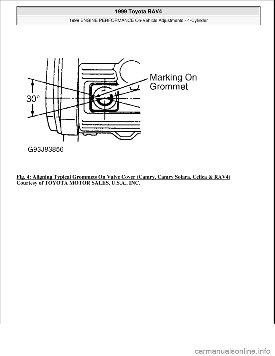TOYOTA RAV4 1996 Service Repair Manual Fig. 4: Aligning Typical Grommets On Valve Cover (Camry, Camry Solara, Celica & RAV4)
Courtesy of TOYOTA MOTOR SALES, U.S.A., INC.
1999 Toyota RAV4
1999 ENGINE PERFORMANCE On-Vehicle Adjustments - TOYOTA RAV4 1996 Service Repair Manual Fig. 4: Aligning Typical Grommets On Valve Cover (Camry, Camry Solara, Celica & RAV4)
Courtesy of TOYOTA MOTOR SALES, U.S.A., INC.
1999 Toyota RAV4
1999 ENGINE PERFORMANCE On-Vehicle Adjustments -