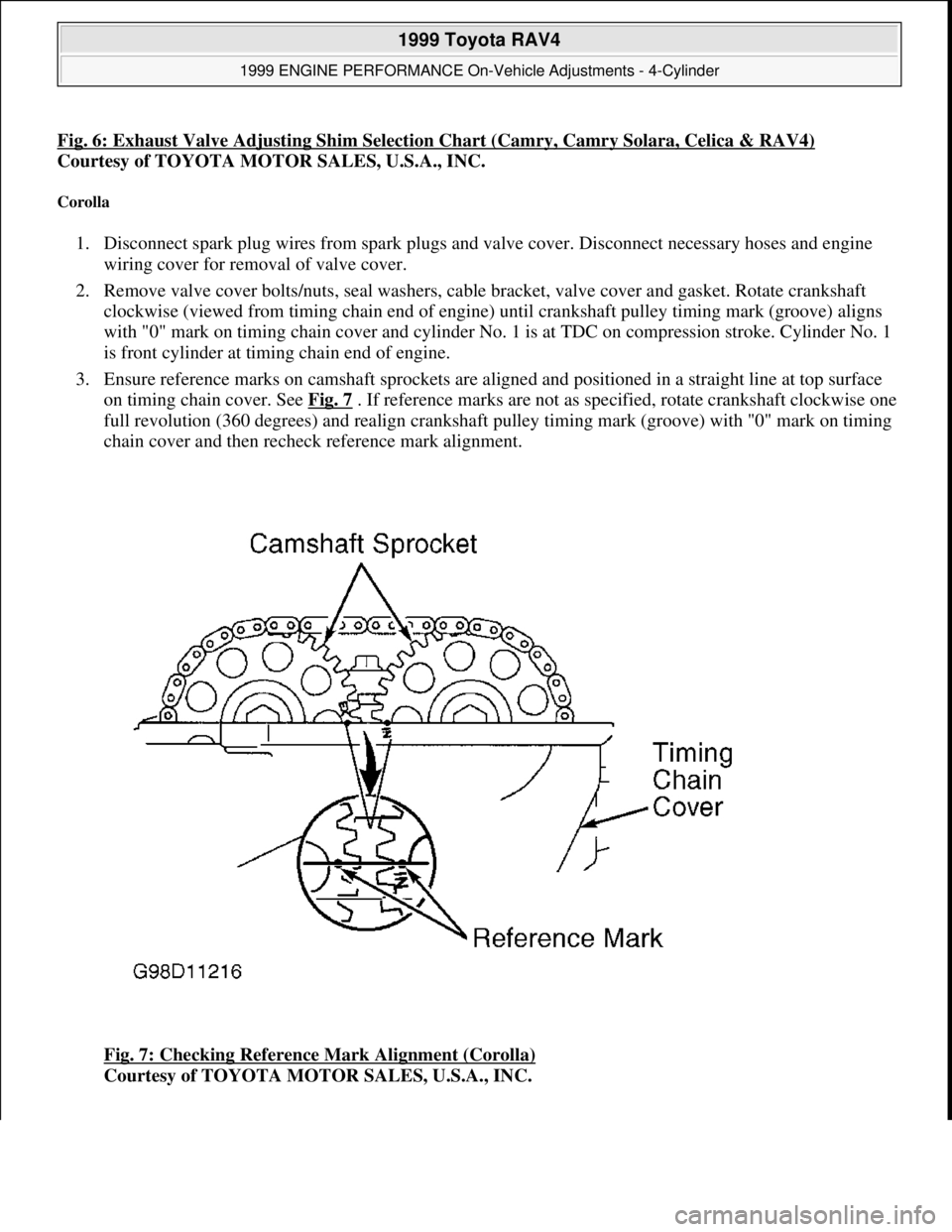 TOYOTA RAV4 1996 Service Repair Manual Fig. 6: Exhaust Valve Adjusting Shim Selection Chart (Camry, Camry Solara, Celica & RAV4)
Courtesy of TOYOTA MOTOR SALES, U.S.A., INC.
Corolla
1. Disconnect spark plug wires from spark plugs and val TOYOTA RAV4 1996 Service Repair Manual Fig. 6: Exhaust Valve Adjusting Shim Selection Chart (Camry, Camry Solara, Celica & RAV4)
Courtesy of TOYOTA MOTOR SALES, U.S.A., INC.
Corolla
1. Disconnect spark plug wires from spark plugs and val