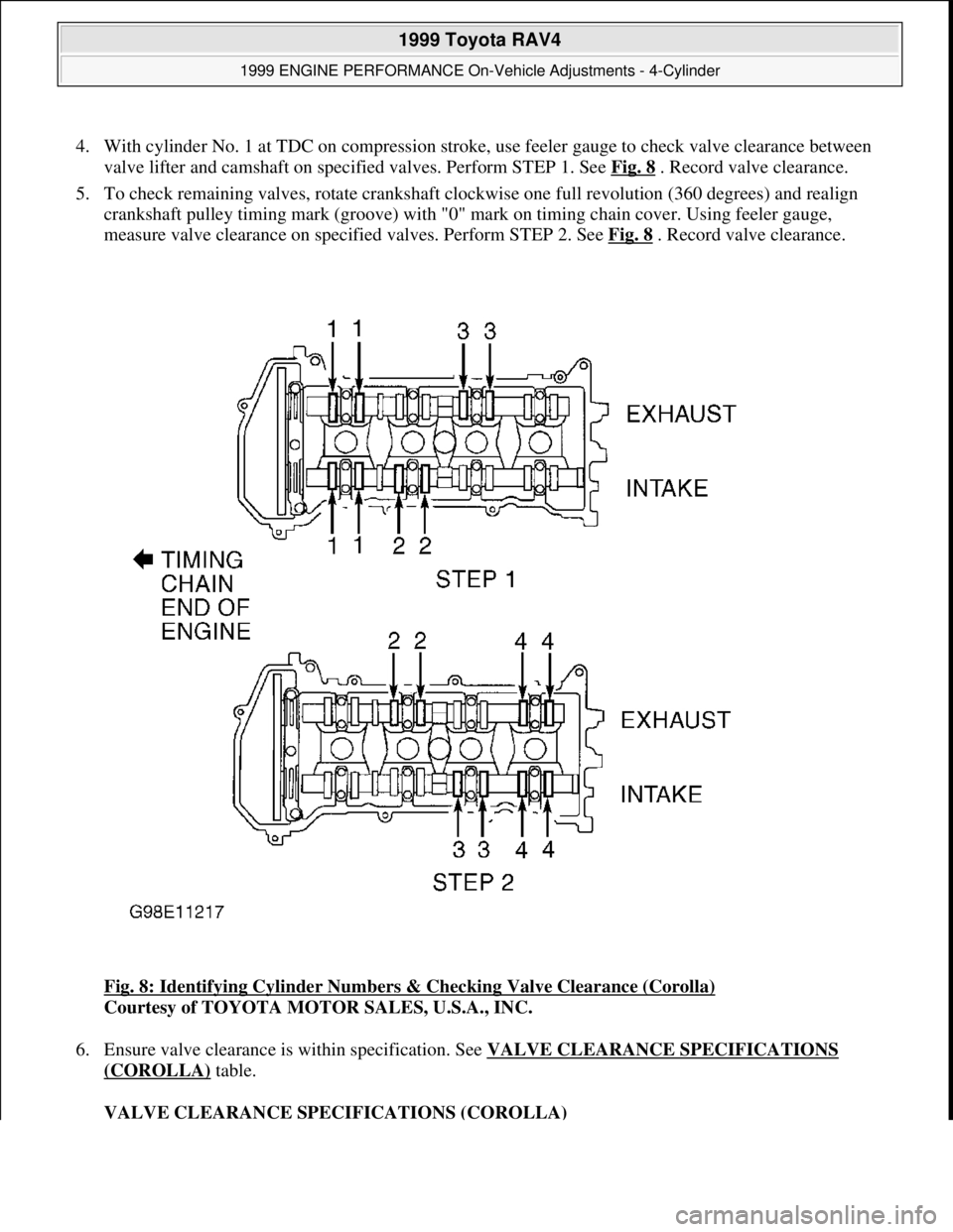 TOYOTA RAV4 1996  Service Repair Manual 4. With cylinder No. 1 at TDC on compression stroke, use feeler gauge to check valve clearance between 
valve lifter and camshaft on specified valves. Perform STEP 1. See Fig. 8
 . Record valve cleara