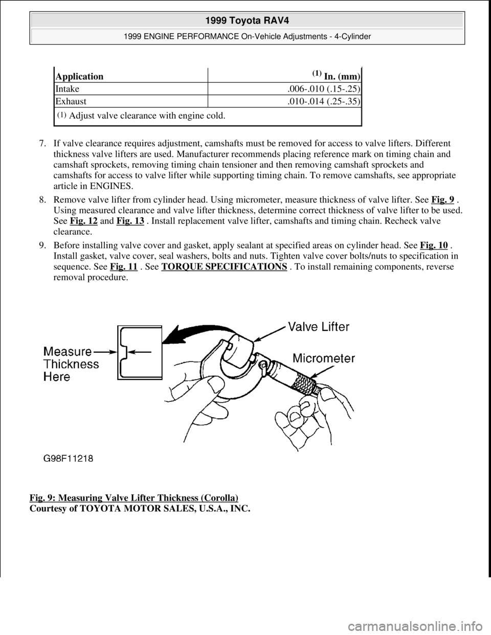 TOYOTA RAV4 1996 Service Repair Manual 7. If valve clearance requires adjustment, camshafts must be removed for access to valve lifters. Different
thickness valve lifters are used. Manufacturer recommends placing reference mark on timing TOYOTA RAV4 1996 Service Repair Manual 7. If valve clearance requires adjustment, camshafts must be removed for access to valve lifters. Different
thickness valve lifters are used. Manufacturer recommends placing reference mark on timing