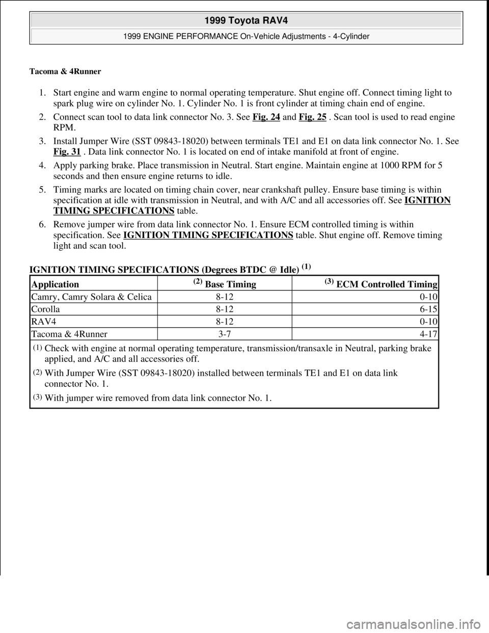 TOYOTA RAV4 1996 Service Repair Manual Tacoma & 4Runner
1. Start engine and warm engine to normal operating temperature. Shut engine off. Connect timing light to
spark plug wire on cylinder No. 1. Cylinder No. 1 is front cylinder at timi TOYOTA RAV4 1996 Service Repair Manual Tacoma & 4Runner
1. Start engine and warm engine to normal operating temperature. Shut engine off. Connect timing light to
spark plug wire on cylinder No. 1. Cylinder No. 1 is front cylinder at timi
