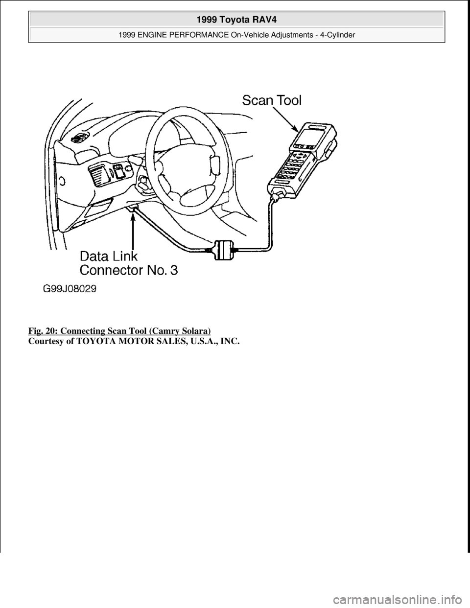 TOYOTA RAV4 1996 Service Repair Manual Fig. 20: Connecting Scan Tool (Camry Solara)
Courtesy of TOYOTA MOTOR SALES, U.S.A., INC.
1999 Toyota RAV4
1999 ENGINE PERFORMANCE On-Vehicle Adjustments - 4-Cylinder
Microsoft
Sunday, Novembe TOYOTA RAV4 1996 Service Repair Manual Fig. 20: Connecting Scan Tool (Camry Solara)
Courtesy of TOYOTA MOTOR SALES, U.S.A., INC.
1999 Toyota RAV4
1999 ENGINE PERFORMANCE On-Vehicle Adjustments - 4-Cylinder
Microsoft
Sunday, Novembe