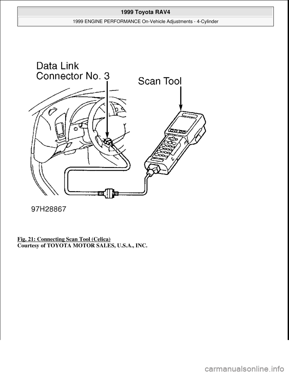 TOYOTA RAV4 1996 Service Repair Manual Fig. 21: Connecting Scan Tool (Celica)
Courtesy of TOYOTA MOTOR SALES, U.S.A., INC.
1999 Toyota RAV4
1999 ENGINE PERFORMANCE On-Vehicle Adjustments - 4-Cylinder
Microsoft
Sunday, November 22, TOYOTA RAV4 1996 Service Repair Manual Fig. 21: Connecting Scan Tool (Celica)
Courtesy of TOYOTA MOTOR SALES, U.S.A., INC.
1999 Toyota RAV4
1999 ENGINE PERFORMANCE On-Vehicle Adjustments - 4-Cylinder
Microsoft
Sunday, November 22,