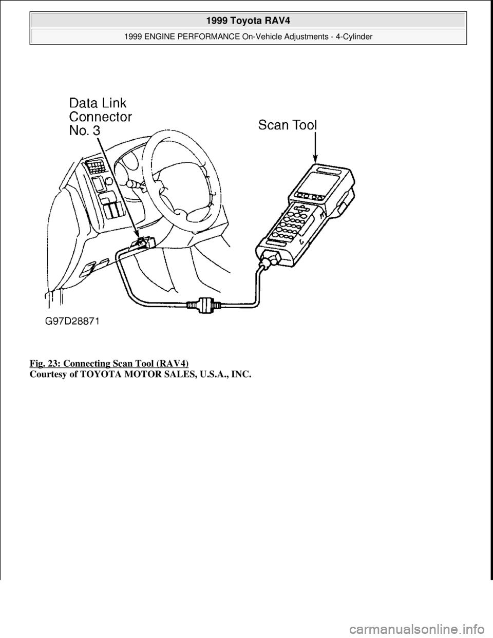 TOYOTA RAV4 1996 Service Repair Manual Fig. 23: Connecting Scan Tool (RAV4)
Courtesy of TOYOTA MOTOR SALES, U.S.A., INC.
1999 Toyota RAV4
1999 ENGINE PERFORMANCE On-Vehicle Adjustments - 4-Cylinder
Microsoft
Sunday, November 22, 20 TOYOTA RAV4 1996 Service Repair Manual Fig. 23: Connecting Scan Tool (RAV4)
Courtesy of TOYOTA MOTOR SALES, U.S.A., INC.
1999 Toyota RAV4
1999 ENGINE PERFORMANCE On-Vehicle Adjustments - 4-Cylinder
Microsoft
Sunday, November 22, 20