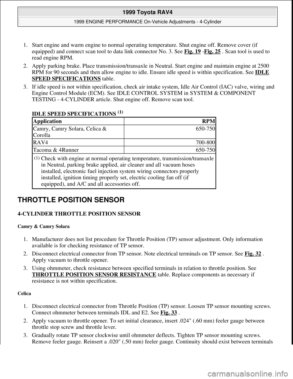 TOYOTA RAV4 1996  Service Repair Manual 1. Start engine and warm engine to normal operating temperature. Shut engine off. Remove cover (if 
equipped) and connect scan tool to data link connector No. 3. See Fig. 19
 -Fig. 25 . Scan tool is u