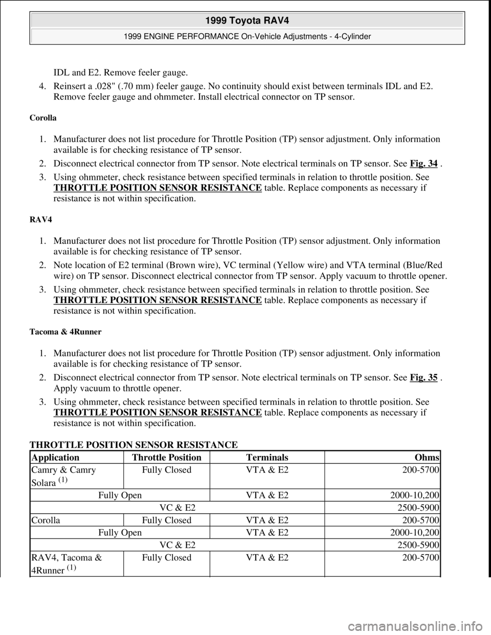TOYOTA RAV4 1996  Service Repair Manual IDL and E2. Remove feeler gauge.  
4. Reinsert a .028" (.70 mm) feeler gauge. No continuity should exist between terminals IDL and E2. 
Remove feeler gauge and ohmmeter. Install electrical connector o