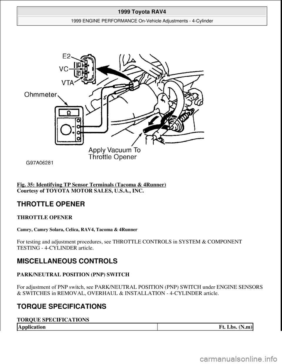 TOYOTA RAV4 1996  Service Repair Manual Fig. 35: Identifying TP Sensor Terminals (Tacoma & 4Runner) 
Courtesy of TOYOTA MOTOR SALES, U.S.A., INC. 
THROTTLE OPENER 
THROTTLE OPENER 
Camry, Camry Solara, Celica, RAV4, Tacoma & 4Runner 
For te