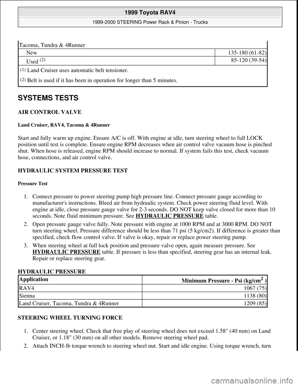 TOYOTA RAV4 1996  Service Repair Manual SYSTEMS TESTS 
AIR CONTROL VALVE 
Land Cruiser, RAV4, Tacoma & 4Runner 
Start and fully warm up engine. Ensure A/C is off. With engine at idle, turn steering wheel to full LOCK 
position until test is
