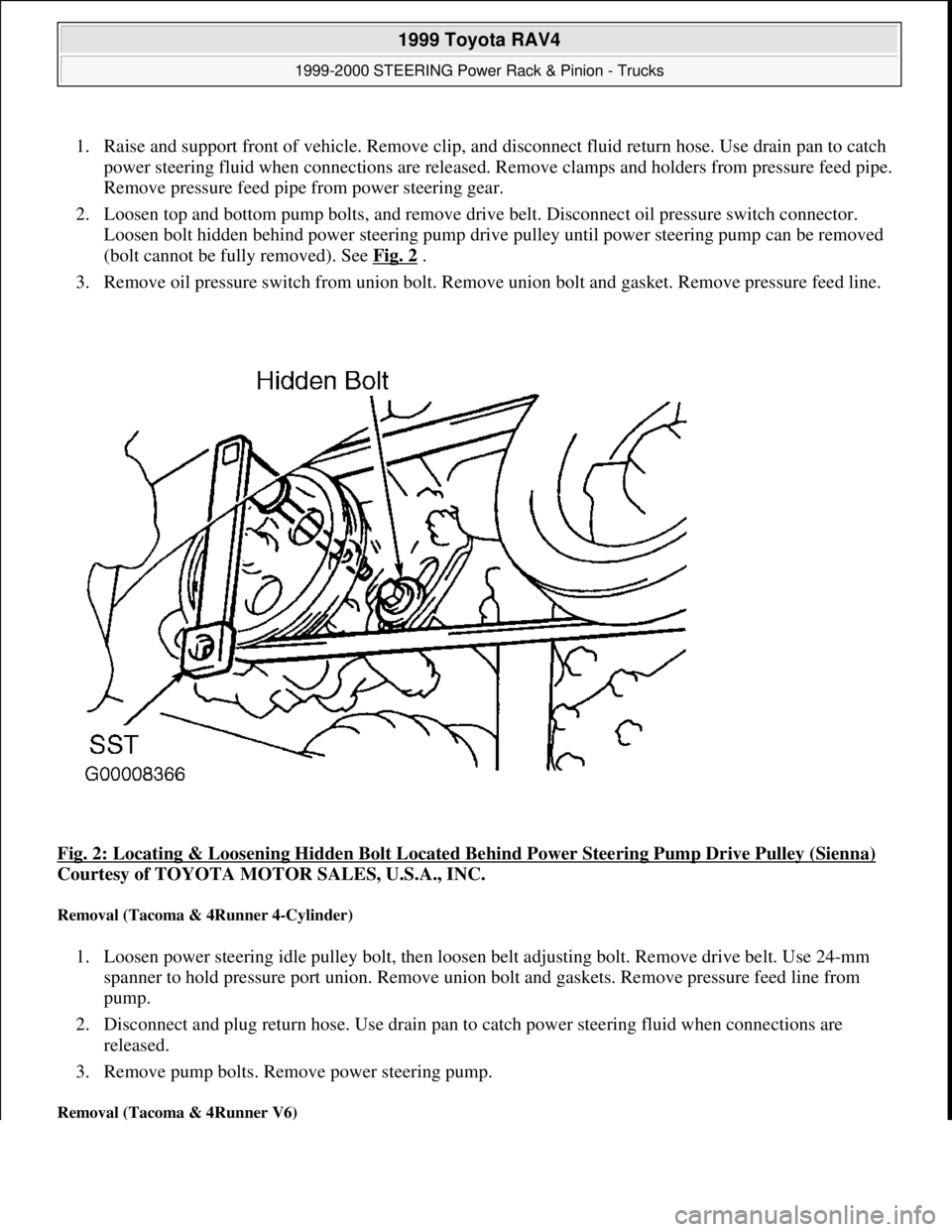 TOYOTA RAV4 1996  Service Repair Manual 1. Raise and support front of vehicle. Remove clip, and disconnect fluid return hose. Use drain pan to catch 
power steering fluid when connections are released. Remove clamps and holders from pressur
