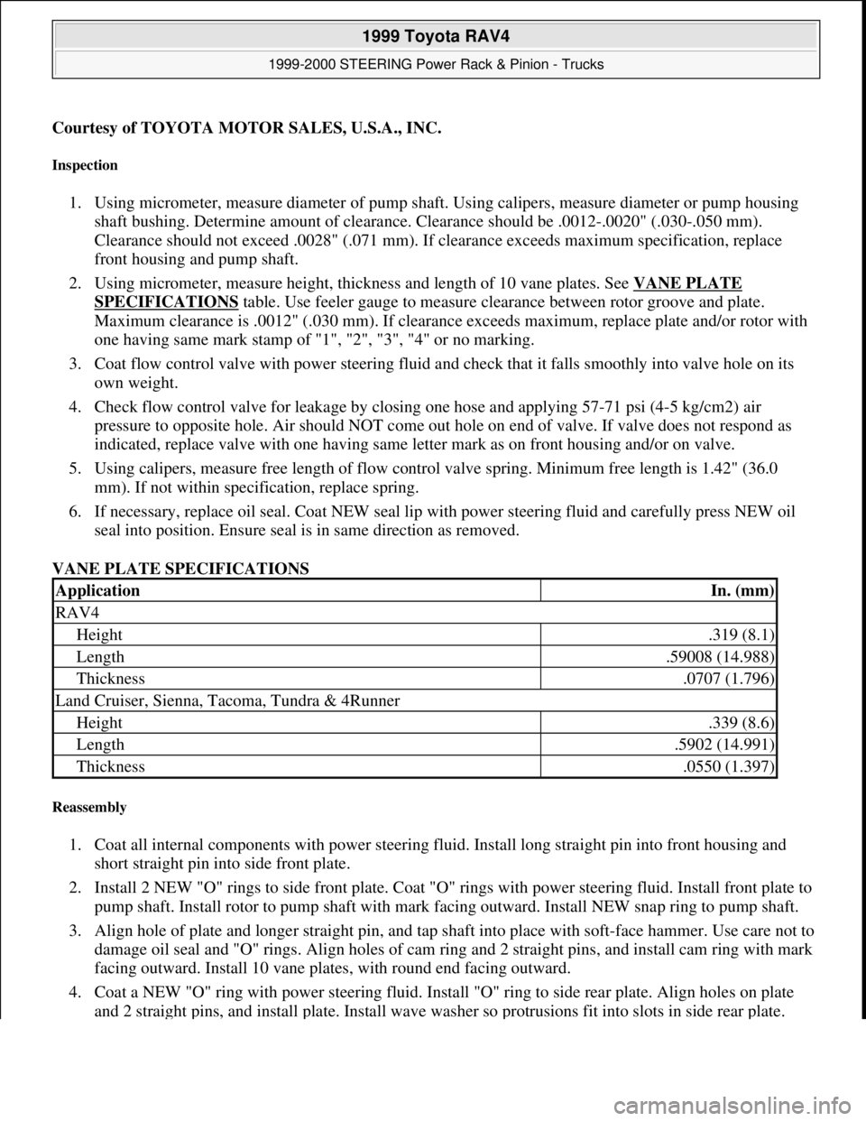 TOYOTA RAV4 1996  Service Repair Manual Courtesy of TOYOTA MOTOR SALES, U.S.A., INC.
Inspection 
1. Using micrometer, measure diameter of pump shaft. Using calipers, measure diameter or pump housing 
shaft bushing. Determine amount of clear