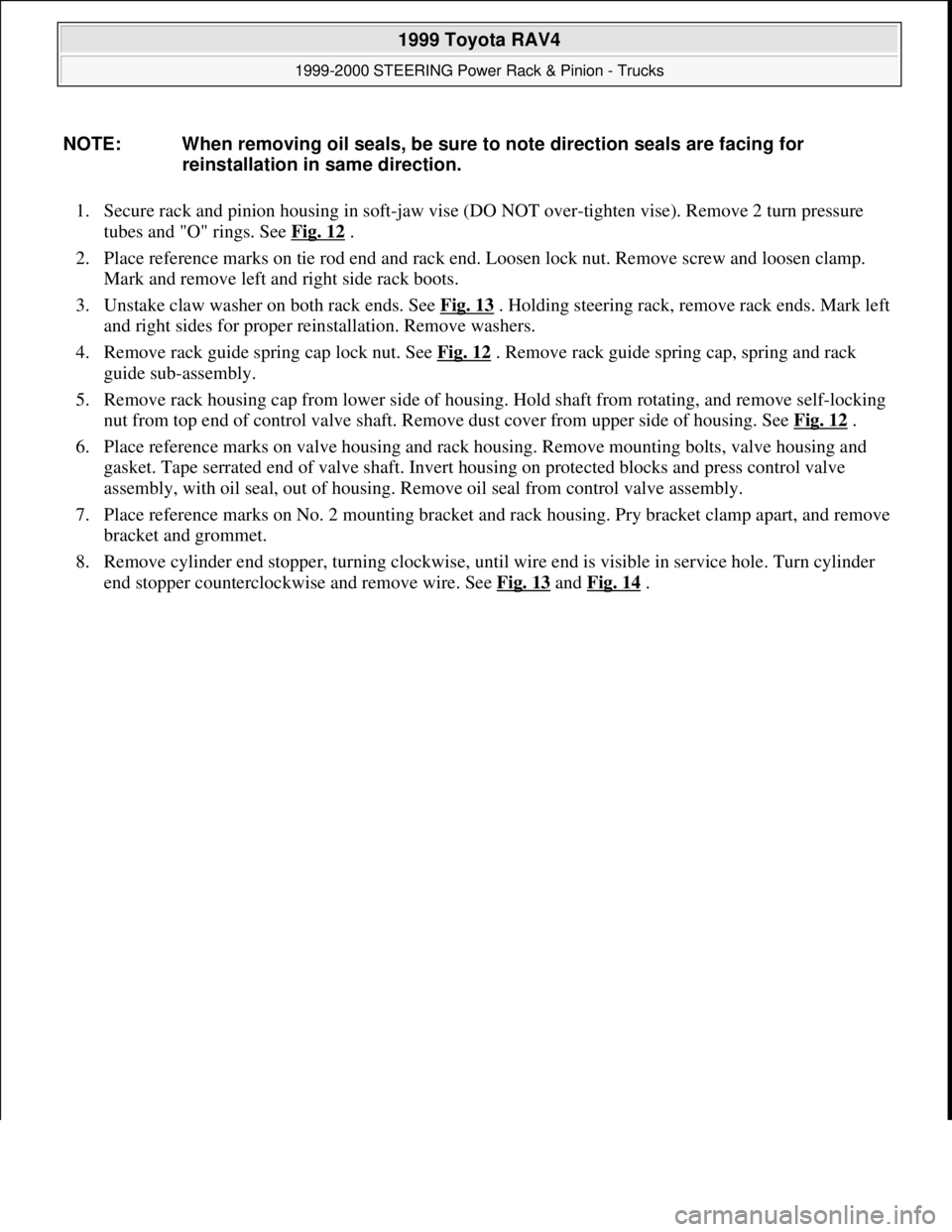 TOYOTA RAV4 1996  Service Repair Manual 1. Secure rack and pinion housing in soft-jaw vise (DO NOT over-tighten vise). Remove 2 turn pressure 
tubes and "O" rings. See Fig. 12
 .  
2. Place reference marks on tie rod end and rack end. Loose