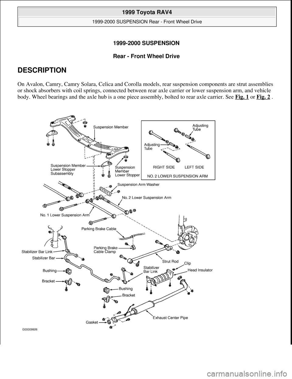 TOYOTA RAV4 1996  Service Repair Manual 1999-2000 SUSPENSION
Rear - Front Wheel Drive 
DESCRIPTION 
On Avalon, Camry, Camry Solara, Celica and Corolla models, rear suspension components are strut assemblies 
or shock absorbers with coil spr