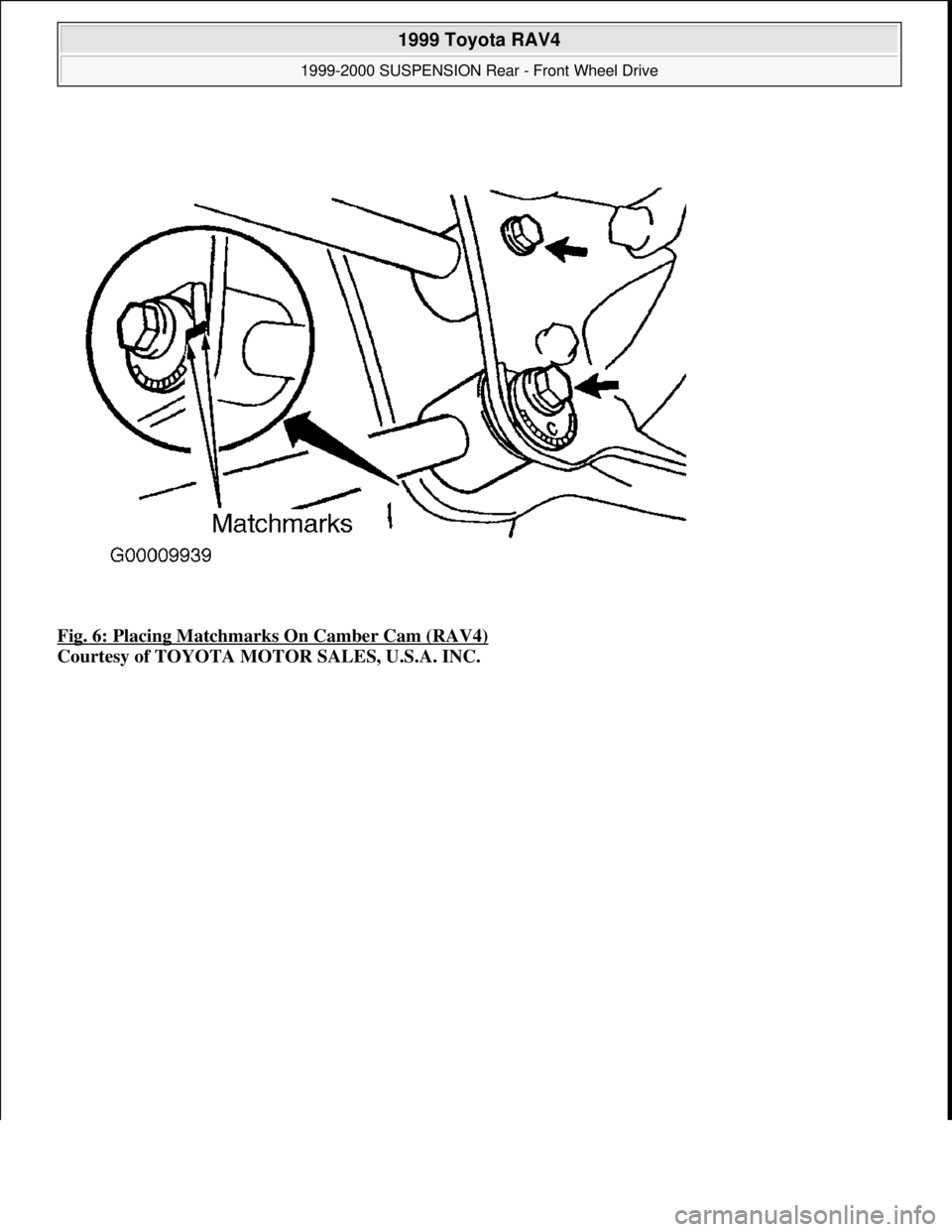 TOYOTA RAV4 1996 Service Repair Manual Fig. 6: Placing Matchmarks On Camber Cam (RAV4)
Courtesy of TOYOTA MOTOR SALES, U.S.A. INC.
1999 Toyota RAV4
1999-2000 SUSPENSION Rear - Front Wheel Drive
Microsoft
Sunday, November 22, 2009 1 TOYOTA RAV4 1996 Service Repair Manual Fig. 6: Placing Matchmarks On Camber Cam (RAV4)
Courtesy of TOYOTA MOTOR SALES, U.S.A. INC.
1999 Toyota RAV4
1999-2000 SUSPENSION Rear - Front Wheel Drive
Microsoft
Sunday, November 22, 2009 1