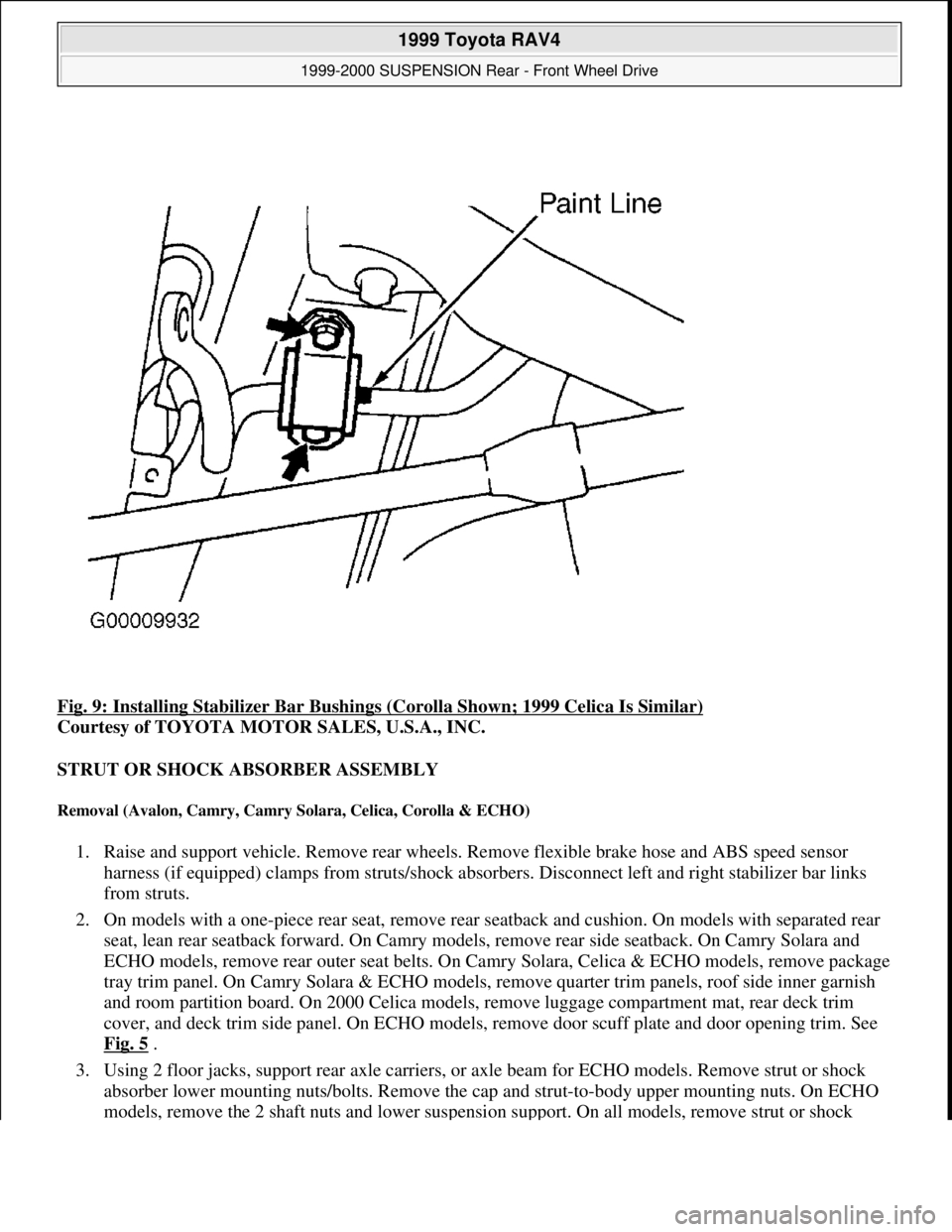 TOYOTA RAV4 1996 Service Repair Manual Fig. 9: Installing Stabilizer Bar Bushings (Corolla Shown; 1999 Celica Is Similar)
Courtesy of TOYOTA MOTOR SALES, U.S.A., INC.
STRUT OR SHOCK ABSORBER ASSEMBLY
Removal (Avalon, Camry, Camry Solara TOYOTA RAV4 1996 Service Repair Manual Fig. 9: Installing Stabilizer Bar Bushings (Corolla Shown; 1999 Celica Is Similar)
Courtesy of TOYOTA MOTOR SALES, U.S.A., INC.
STRUT OR SHOCK ABSORBER ASSEMBLY
Removal (Avalon, Camry, Camry Solara