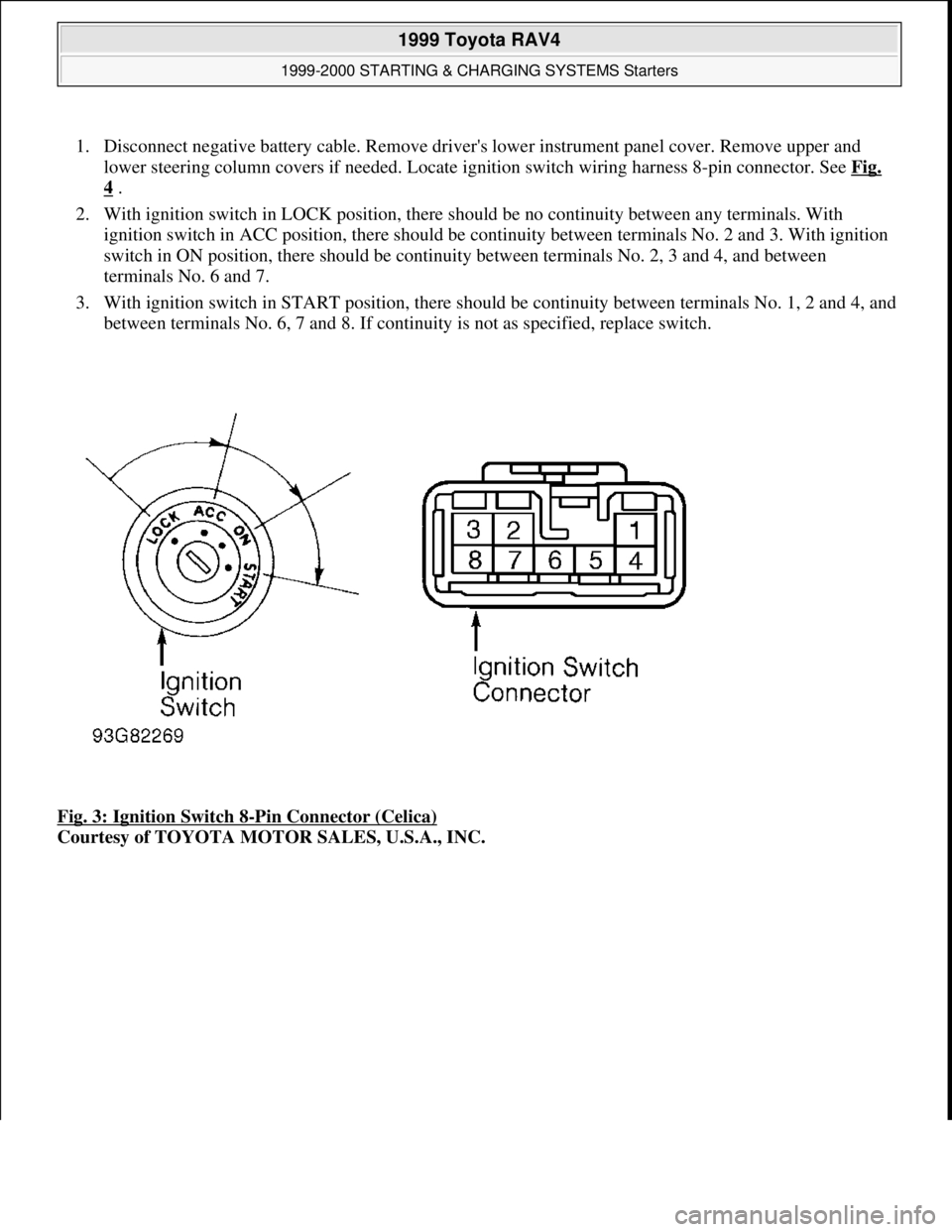 TOYOTA RAV4 1996  Service Repair Manual 1. Disconnect negative battery cable. Remove drivers lower instrument panel cover. Remove upper and 
lower steering column covers if needed. Locate ignition switch wiring harness 8-pin connector. See