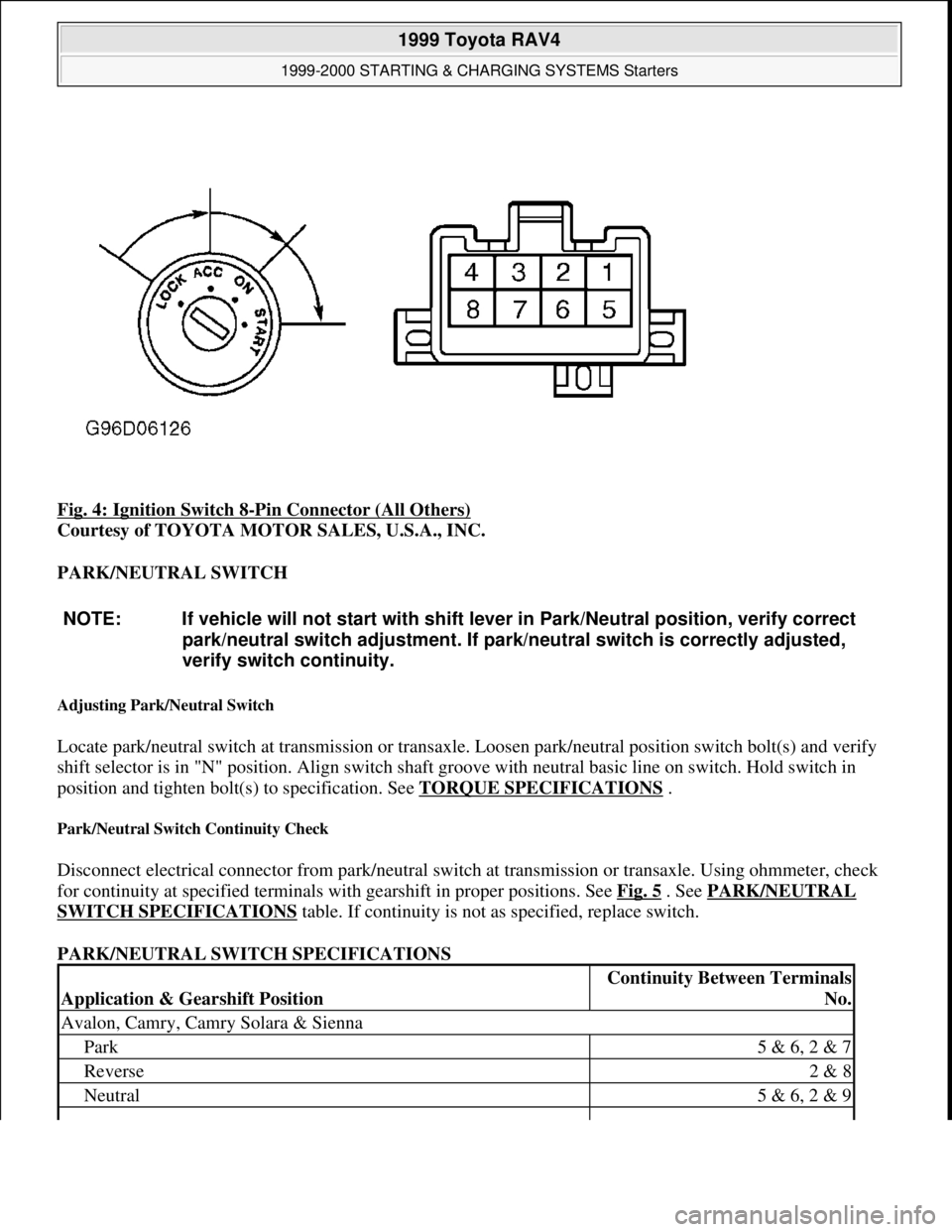 TOYOTA RAV4 1996  Service Repair Manual Fig. 4: Ignition Switch 8-Pin Connector (All Others) 
Courtesy of TOYOTA MOTOR SALES, U.S.A., INC. 
PARK/NEUTRAL SWITCH 
Adjusting Park/Neutral Switch 
Locate park/neutral switch at transmission or tr