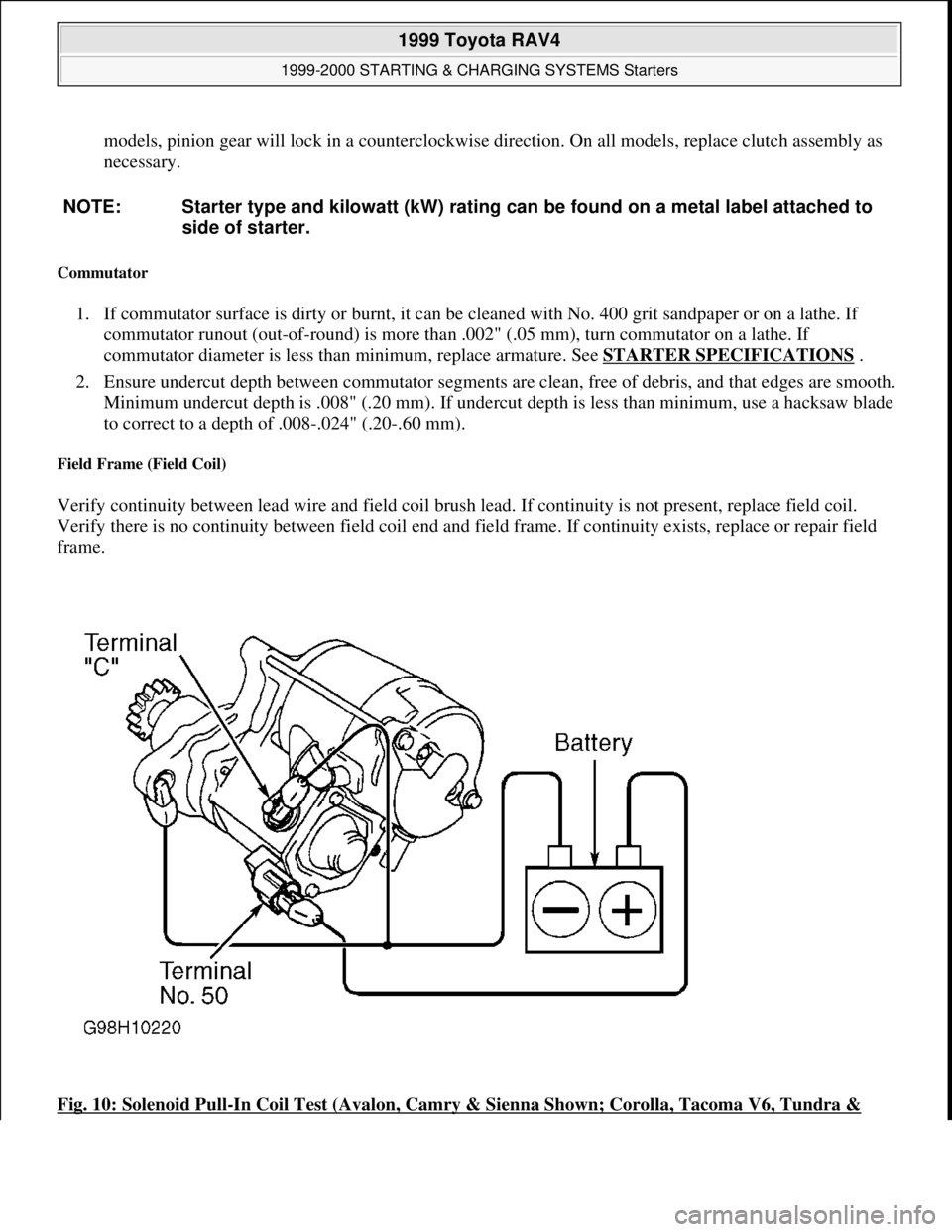 TOYOTA RAV4 1996  Service Repair Manual models, pinion gear will lock in a counterclockwise direction. On all models, replace clutch assembly as 
necessary.  
Commutator 
1. If commutator surface is dirty or burnt, it can be cleaned with No