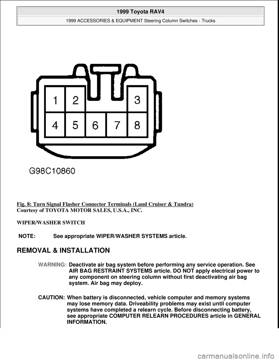 TOYOTA RAV4 1996  Service Repair Manual Fig. 8: Turn Signal Flasher Connector Terminals (Land Cruiser & Tundra) 
Courtesy of TOYOTA MOTOR SALES, U.S.A., INC. 
WIPER/WASHER SWITCH 
REMOVAL & INSTALLATION 
NOTE: See appropriate WIPER/WASHER S