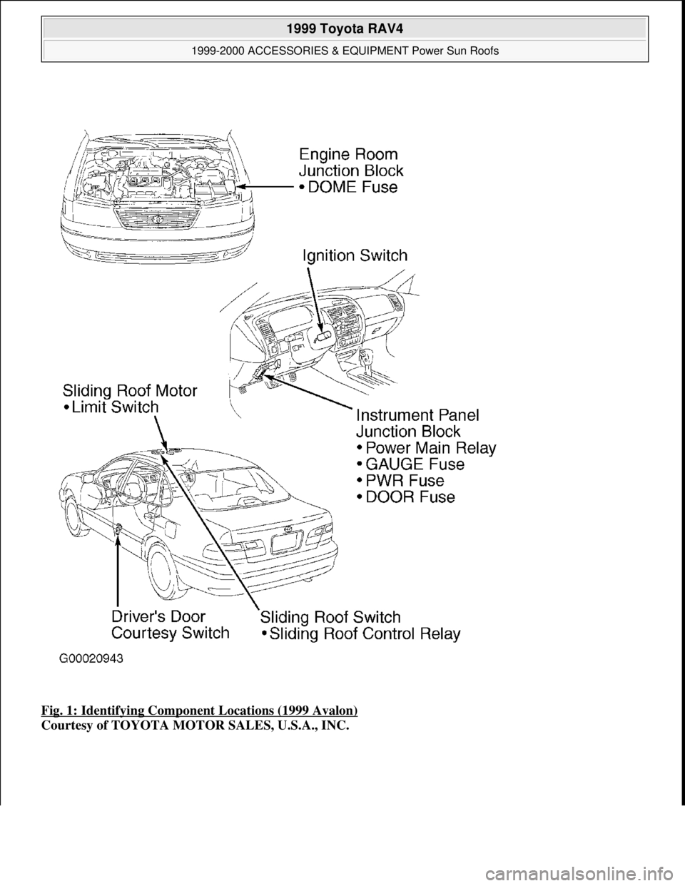 TOYOTA RAV4 1996  Service Repair Manual Fig. 1: Identifying Component Locations (1999 Avalon) 
Courtesy of TOYOTA MOTOR SALES, U.S.A., INC.
 
1999 Toyota RAV4 
1999-2000 ACCESSORIES & EQUIPMENT Power Sun Roofs  
Microsoft  
Sunday, November