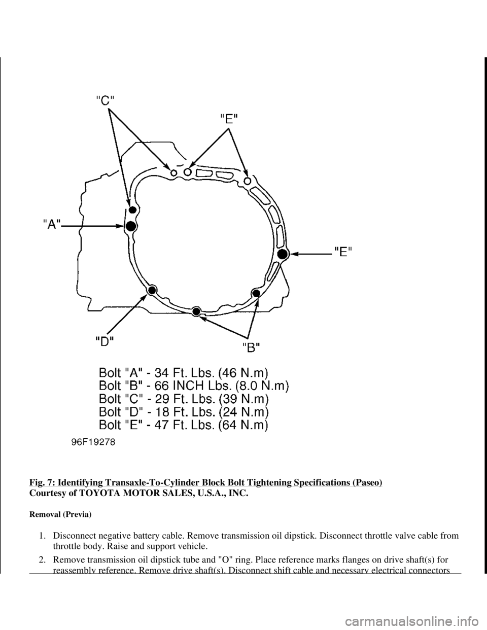 TOYOTA RAV4 1996 Service Repair Manual Fig. 7: Identifying Transaxle-To-Cylinder Block Bolt Tightening Specifications (Paseo)
Courtesy of TOYOTA MOTOR SALES, U.S.A., INC.
Removal (Previa)
1. Disconnect negative battery cable. Remove tra TOYOTA RAV4 1996 Service Repair Manual Fig. 7: Identifying Transaxle-To-Cylinder Block Bolt Tightening Specifications (Paseo)
Courtesy of TOYOTA MOTOR SALES, U.S.A., INC.
Removal (Previa)
1. Disconnect negative battery cable. Remove tra