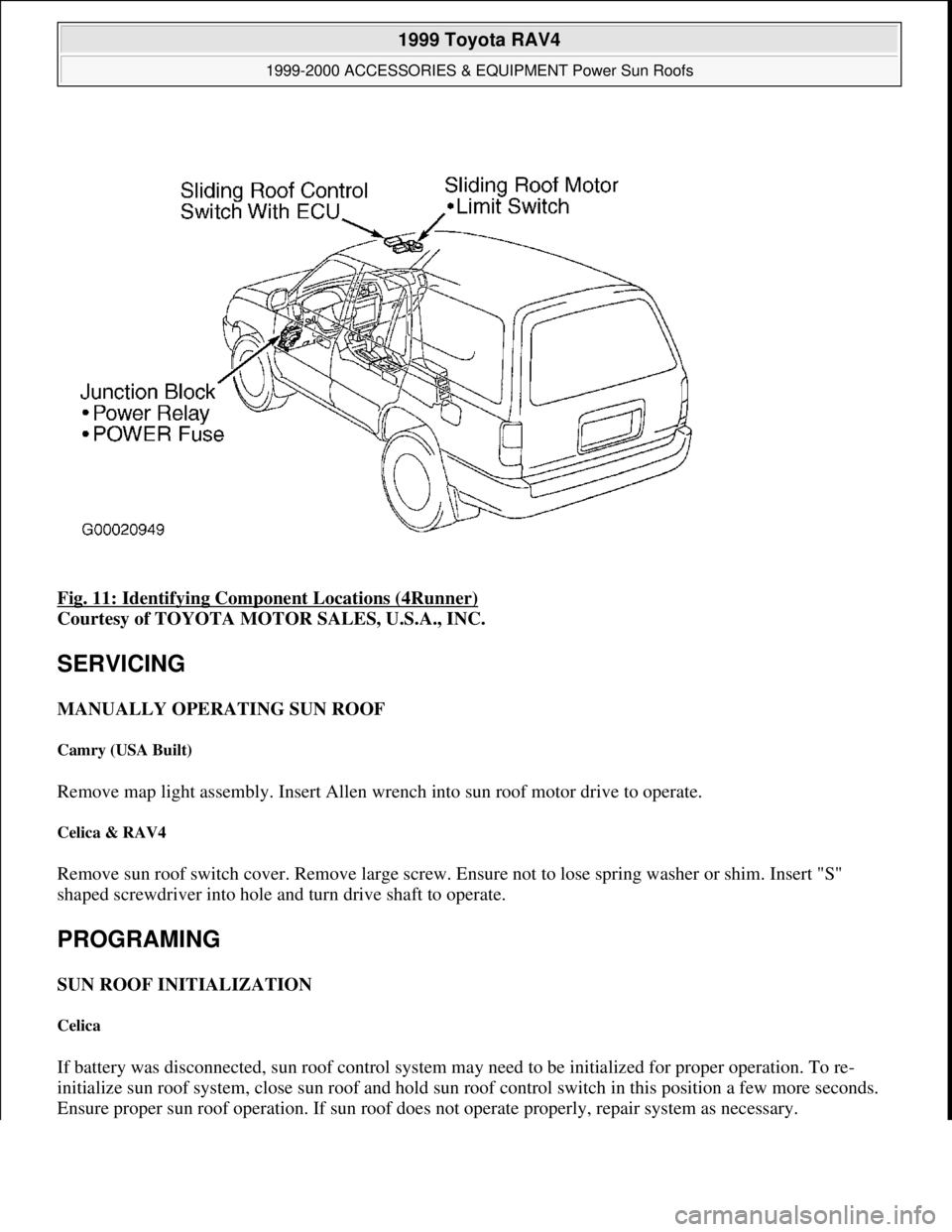 TOYOTA RAV4 1996  Service Repair Manual Fig. 11: Identifying Component Locations (4Runner) 
Courtesy of TOYOTA MOTOR SALES, U.S.A., INC. 
SERVICING 
MANUALLY OPERATING SUN ROOF 
Camry (USA Built) 
Remove map light assembly. Insert Allen wre
