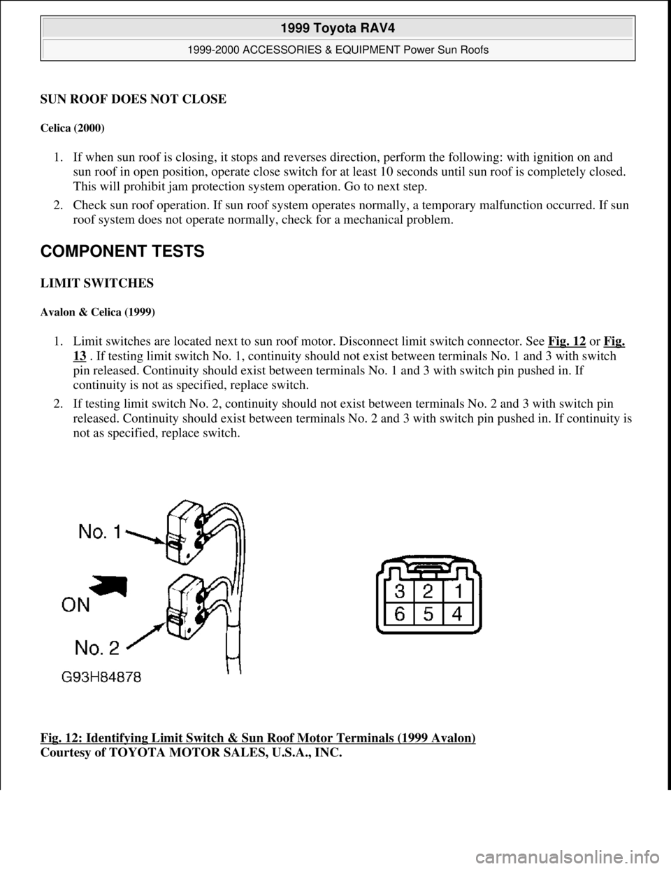 TOYOTA RAV4 1996  Service Repair Manual SUN ROOF DOES NOT CLOSE 
Celica (2000) 
1. If when sun roof is closing, it stops and reverses direction, perform the following: with ignition on and 
sun roof in open position, operate close switch fo