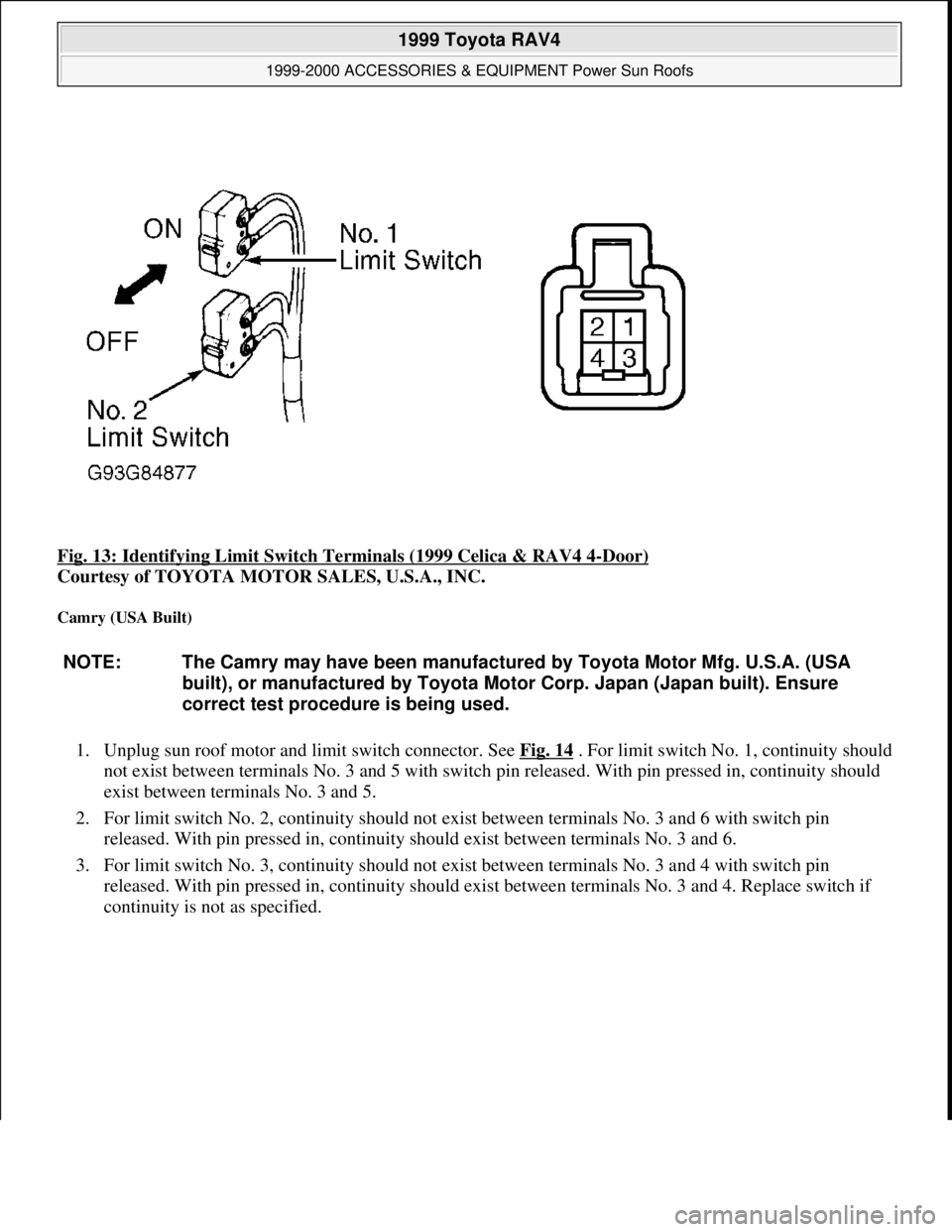 TOYOTA RAV4 1996  Service Repair Manual Fig. 13: Identifying Limit Switch Terminals (1999 Celica & RAV4 4-Door) 
Courtesy of TOYOTA MOTOR SALES, U.S.A., INC. 
Camry (USA Built) 
1. Unplug sun roof motor and limit switch connector. See Fig. 