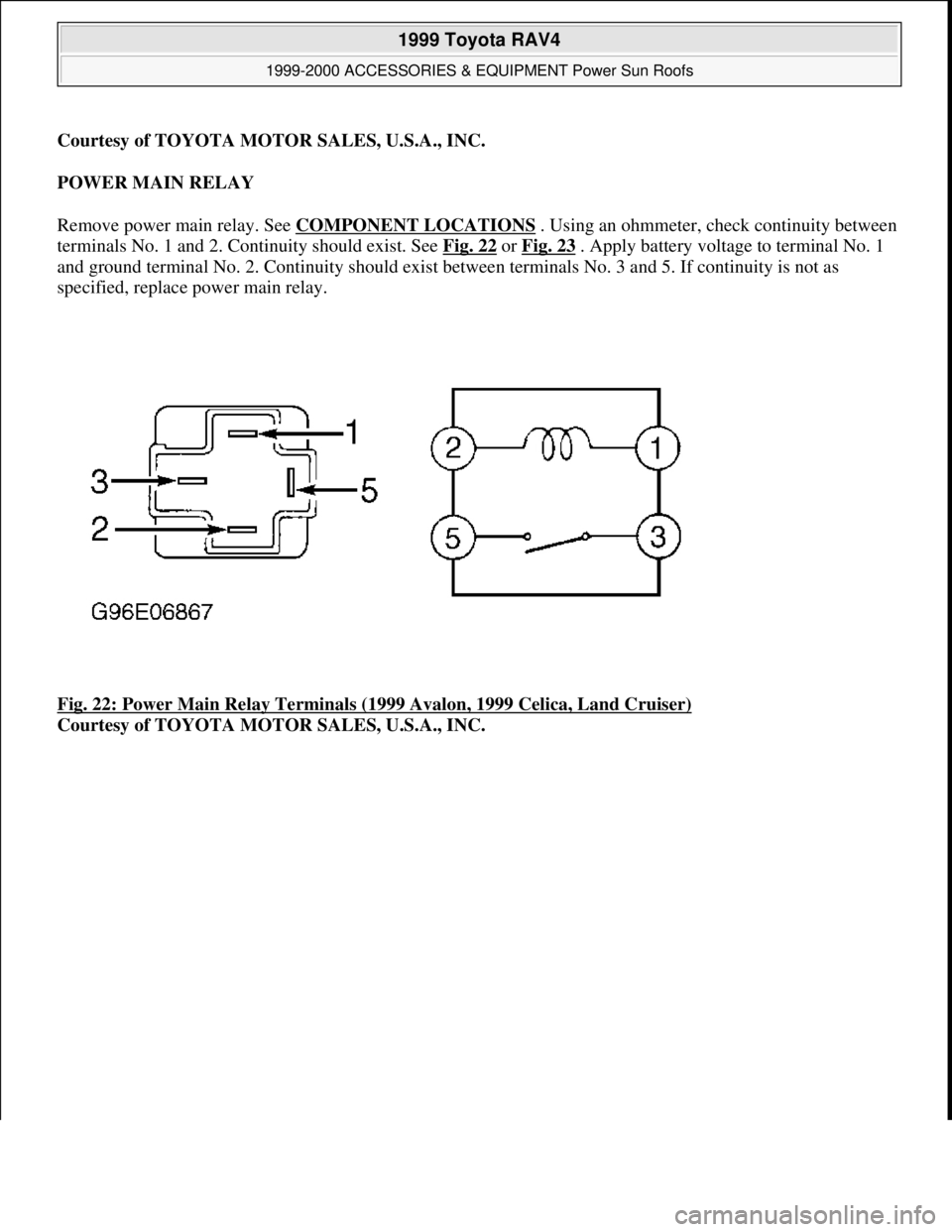 TOYOTA RAV4 1996  Service Repair Manual Courtesy of TOYOTA MOTOR SALES, U.S.A., INC.
POWER MAIN RELAY 
Remove power main relay. See COMPONENT LOCATIONS
. Using an ohmmeter, check continuity between 
terminals No. 1 and 2. Continuity should 