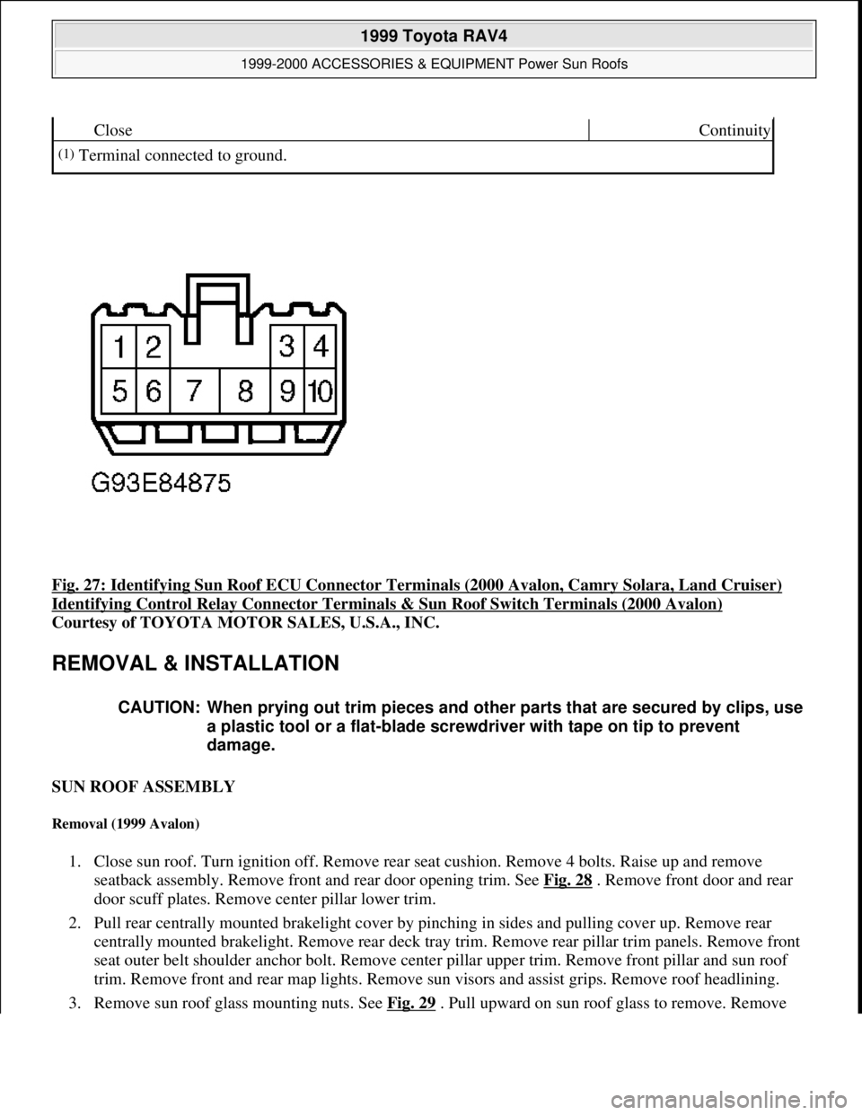TOYOTA RAV4 1996  Service Repair Manual Fig. 27: Identifying Sun Roof ECU Connector Terminals (2000 Avalon, Camry Solara, Land Cruiser) 
Identifying Control Relay Connector Terminals & Sun Roof Switch Terminals (2000 Avalon) 
Courtesy of TO