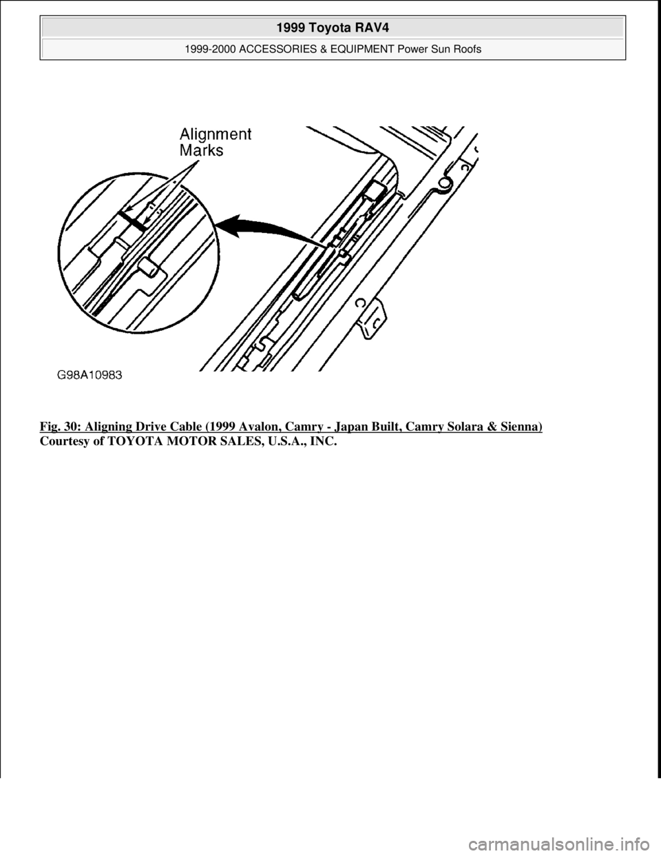 TOYOTA RAV4 1996  Service Repair Manual Fig. 30: Aligning Drive Cable (1999 Avalon, Camry - Japan Built, Camry Solara & Sienna) 
Courtesy of TOYOTA MOTOR SALES, U.S.A., INC.
 
1999 Toyota RAV4 
1999-2000 ACCESSORIES & EQUIPMENT Power Sun Ro