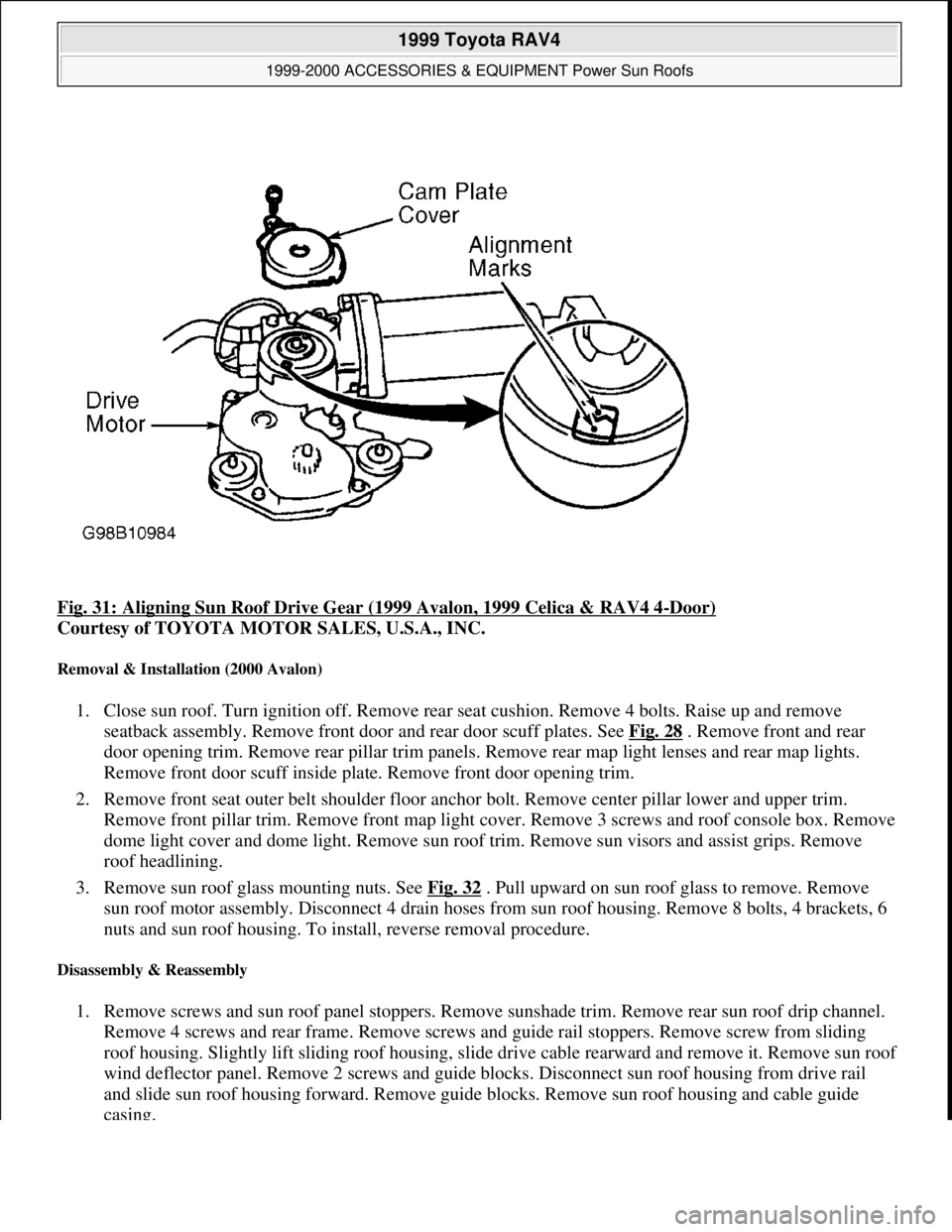 TOYOTA RAV4 1996  Service Repair Manual Fig. 31: Aligning Sun Roof Drive Gear (1999 Avalon, 1999 Celica & RAV4 4-Door) 
Courtesy of TOYOTA MOTOR SALES, U.S.A., INC. 
Removal & Installation (2000 Avalon) 
1. Close sun roof. Turn ignition off