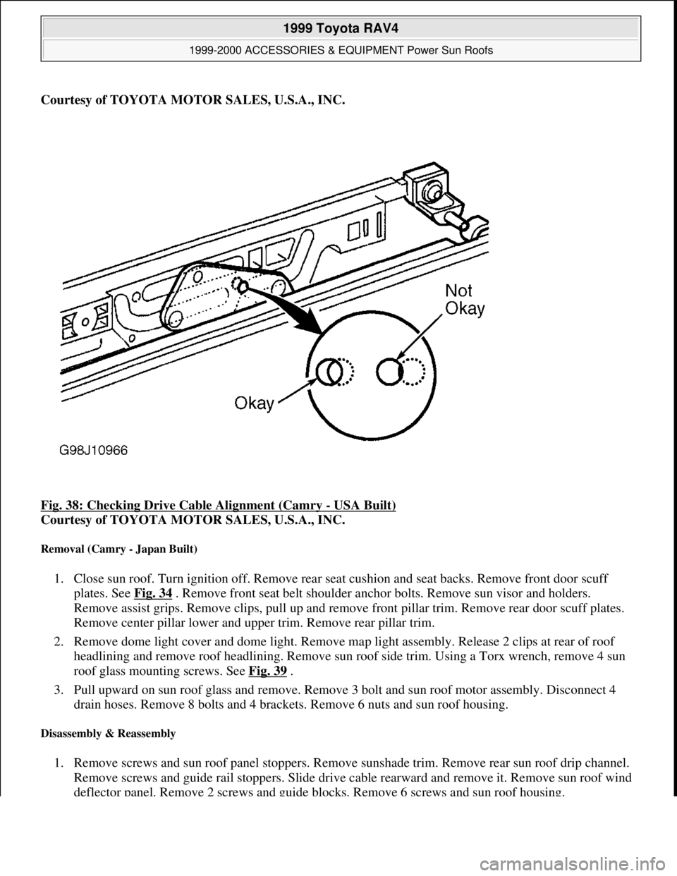 TOYOTA RAV4 1996  Service Repair Manual Courtesy of TOYOTA MOTOR SALES, U.S.A., INC.
Fig. 38: Checking Drive Cable Alignment (Camry 
- USA Built) 
Courtesy of TOYOTA MOTOR SALES, U.S.A., INC. 
Removal (Camry - Japan Built) 
1. Close sun roo