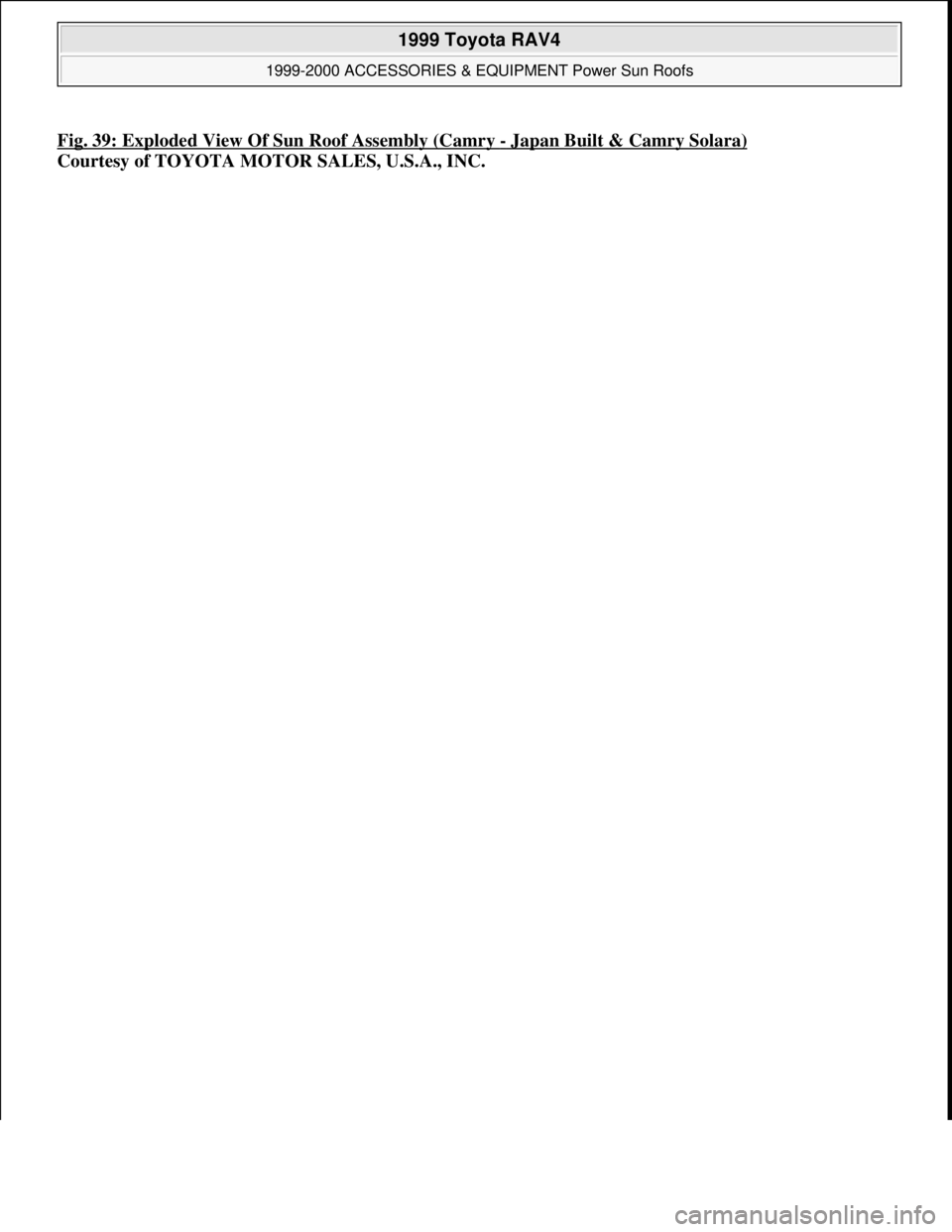 TOYOTA RAV4 1996  Service Repair Manual Fig. 39: Exploded View Of Sun Roof Assembly (Camry -Japan Built & Camry Solara) 
Courtesy of TOYOTA MOTOR SALES, U.S.A., INC.
 
1999 Toyota RAV4 
1999-2000 ACCESSORIES & EQUIPMENT Power Sun Roofs  
Mi