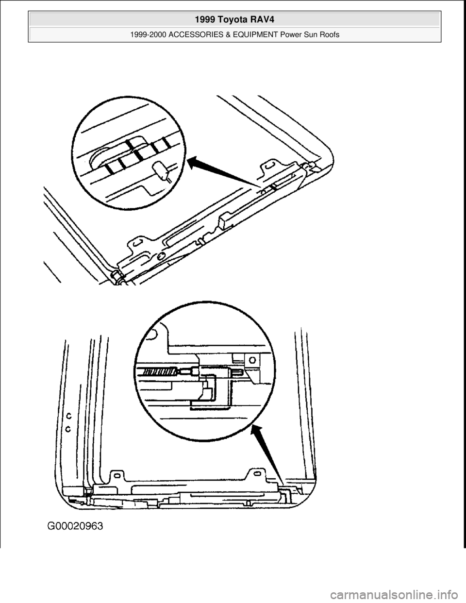 TOYOTA RAV4 1996  Service Repair Manual  
1999 Toyota RAV4 
1999-2000 ACCESSORIES & EQUIPMENT Power Sun Roofs  
Microsoft  
Sunday, November 22, 2009 10:58:30 AMPage 60 © 2005 Mitchell Repair Information Company, LLC.  