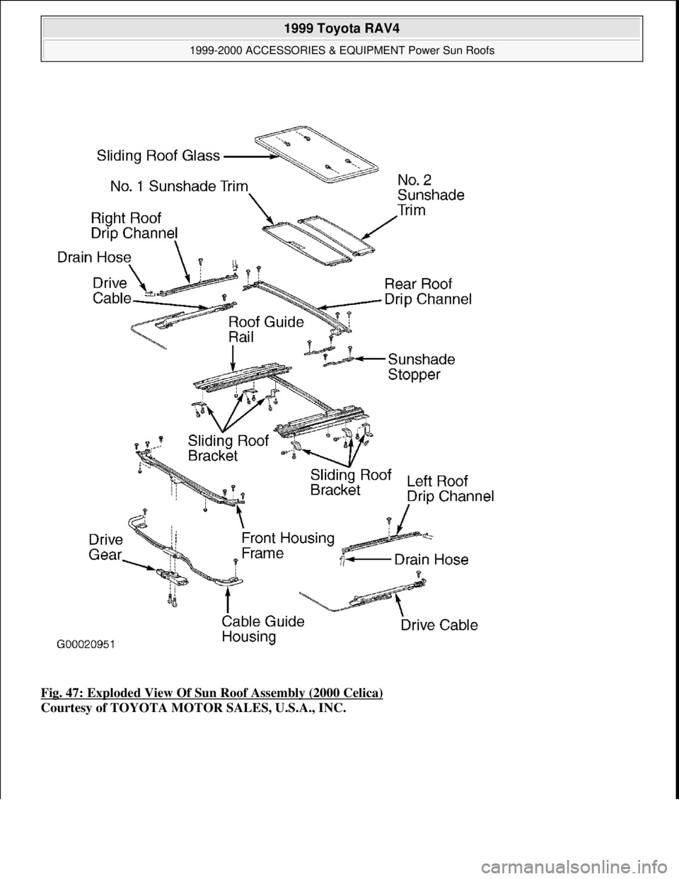 TOYOTA RAV4 1996 Service Repair Manual Fig. 47: Exploded View Of Sun Roof Assembly (2000 Celica)
Courtesy of TOYOTA MOTOR SALES, U.S.A., INC.
1999 Toyota RAV4
1999-2000 ACCESSORIES & EQUIPMENT Power Sun Roofs
Microsoft
Sunday, Nove TOYOTA RAV4 1996 Service Repair Manual Fig. 47: Exploded View Of Sun Roof Assembly (2000 Celica)
Courtesy of TOYOTA MOTOR SALES, U.S.A., INC.
1999 Toyota RAV4
1999-2000 ACCESSORIES & EQUIPMENT Power Sun Roofs
Microsoft
Sunday, Nove