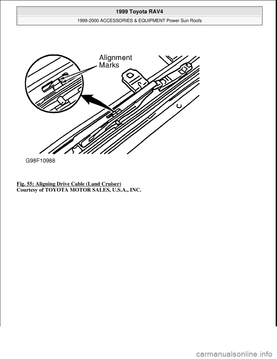 TOYOTA RAV4 1996 Service Repair Manual Fig. 55: Aligning Drive Cable (Land Cruiser)
Courtesy of TOYOTA MOTOR SALES, U.S.A., INC.
1999 Toyota RAV4
1999-2000 ACCESSORIES & EQUIPMENT Power Sun Roofs
Microsoft
Sunday, November 22, 2009 TOYOTA RAV4 1996 Service Repair Manual Fig. 55: Aligning Drive Cable (Land Cruiser)
Courtesy of TOYOTA MOTOR SALES, U.S.A., INC.
1999 Toyota RAV4
1999-2000 ACCESSORIES & EQUIPMENT Power Sun Roofs
Microsoft
Sunday, November 22, 2009
