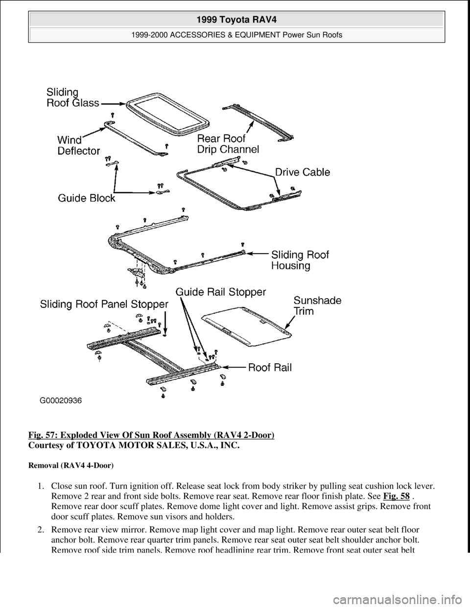 TOYOTA RAV4 1996 Service Repair Manual Fig. 57: Exploded View Of Sun Roof Assembly (RAV4 2-Door)
Courtesy of TOYOTA MOTOR SALES, U.S.A., INC.
Removal (RAV4 4-Door)
1. Close sun roof. Turn ignition off. Release seat lock from body strike TOYOTA RAV4 1996 Service Repair Manual Fig. 57: Exploded View Of Sun Roof Assembly (RAV4 2-Door)
Courtesy of TOYOTA MOTOR SALES, U.S.A., INC.
Removal (RAV4 4-Door)
1. Close sun roof. Turn ignition off. Release seat lock from body strike