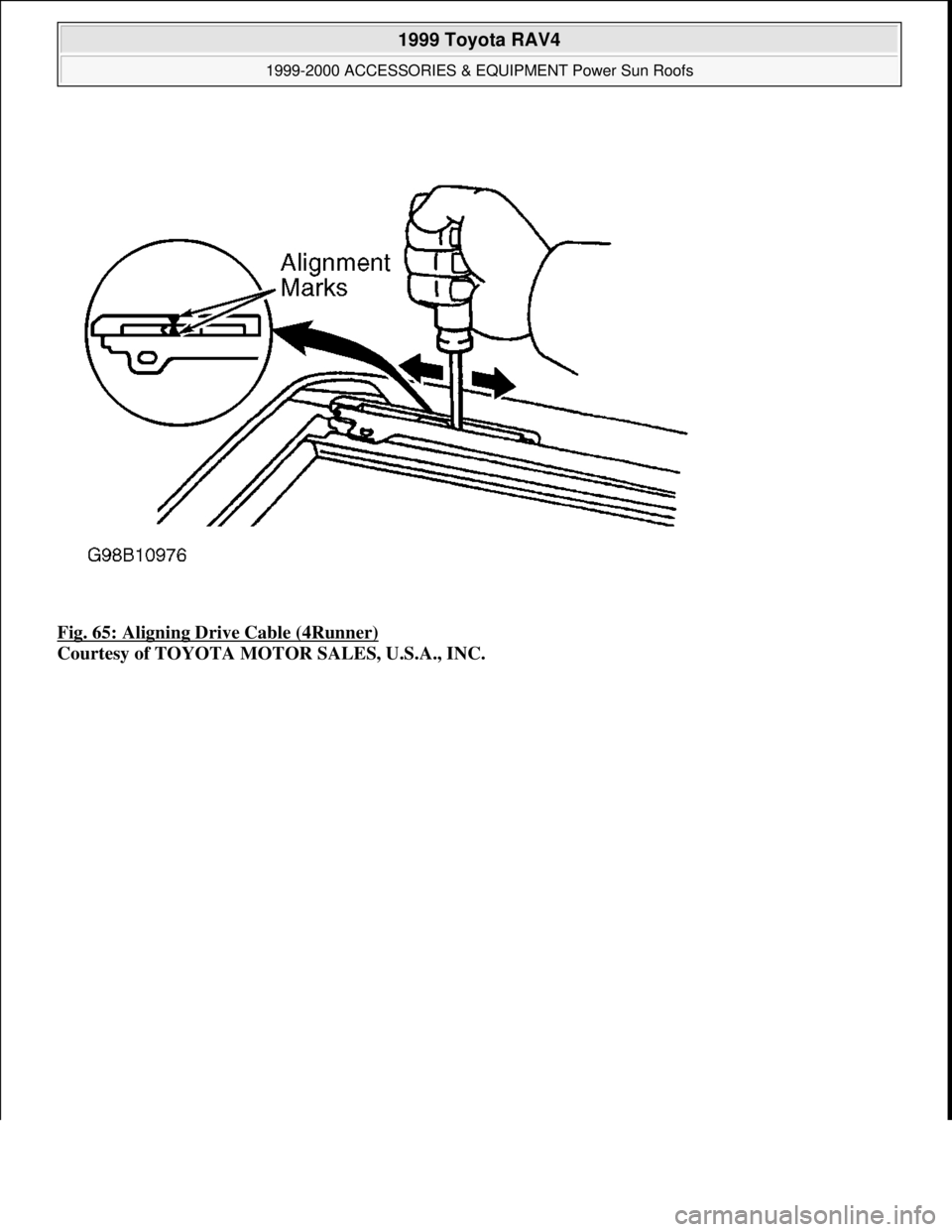 TOYOTA RAV4 1996  Service Repair Manual Fig. 65: Aligning Drive Cable (4Runner) 
Courtesy of TOYOTA MOTOR SALES, U.S.A., INC.
 
1999 Toyota RAV4 
1999-2000 ACCESSORIES & EQUIPMENT Power Sun Roofs  
Microsoft  
Sunday, November 22, 2009 10:5